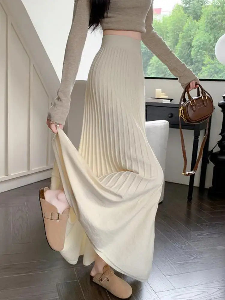 Women's Black High Waist Elastic Skirt - Korean Retro Style A-Line Pleated Long Skirt for Autumn Winter | Elegant Beige Color for Vacation, Party & Office Wear