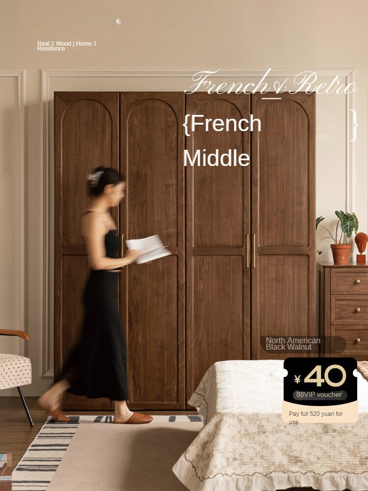 Vintage French Style Black Walnut Solid Wood Wardrobe - Classic Retro Closet for Bedroom & Living Room Storage