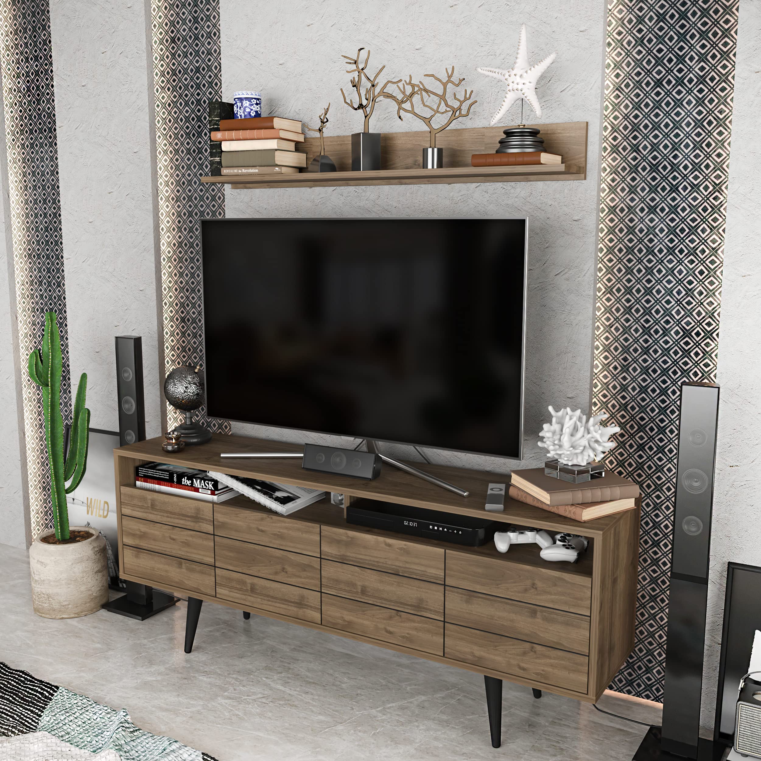 Decorotika Ola 72 Inch TV Stand with Wall Shelf - Modern Walnut Entertainment Center with 2 Storage Shelves & 2 Cabinets - Perfect for Living Room, Home Theater & Apartment Decor