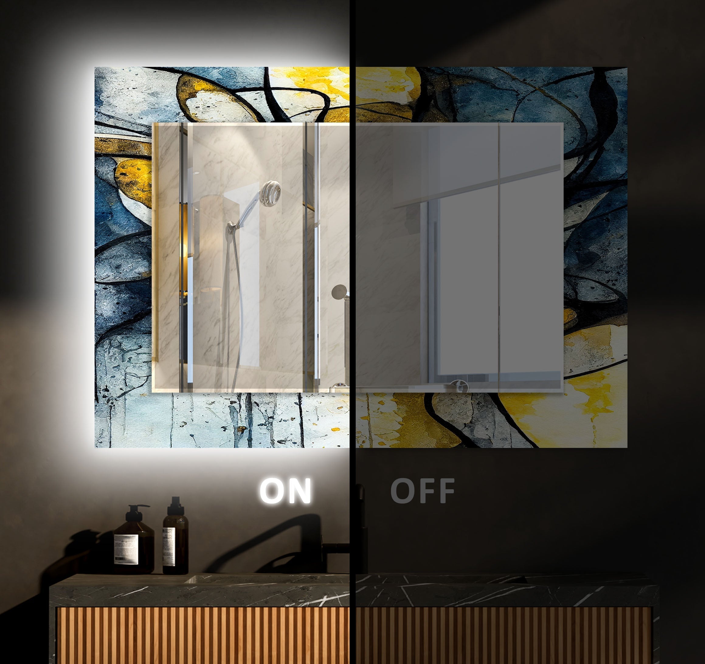 Abstract Wall Mirror in Blue and Yellow Ink - Modern Home Decor for Living Room, Bedroom, or Office