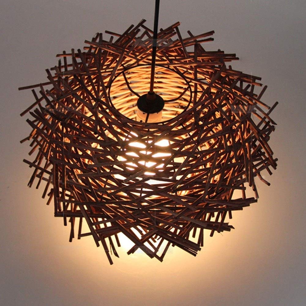 Modern LED Chandelier Lamp - Hand Woven Rattan Ceiling Light with Wooden Pendant & Bird Nest Design - Perfect for Loft, Restaurant, Bar, Coffee Shop, Bookstore & Hallway Lighting Decor