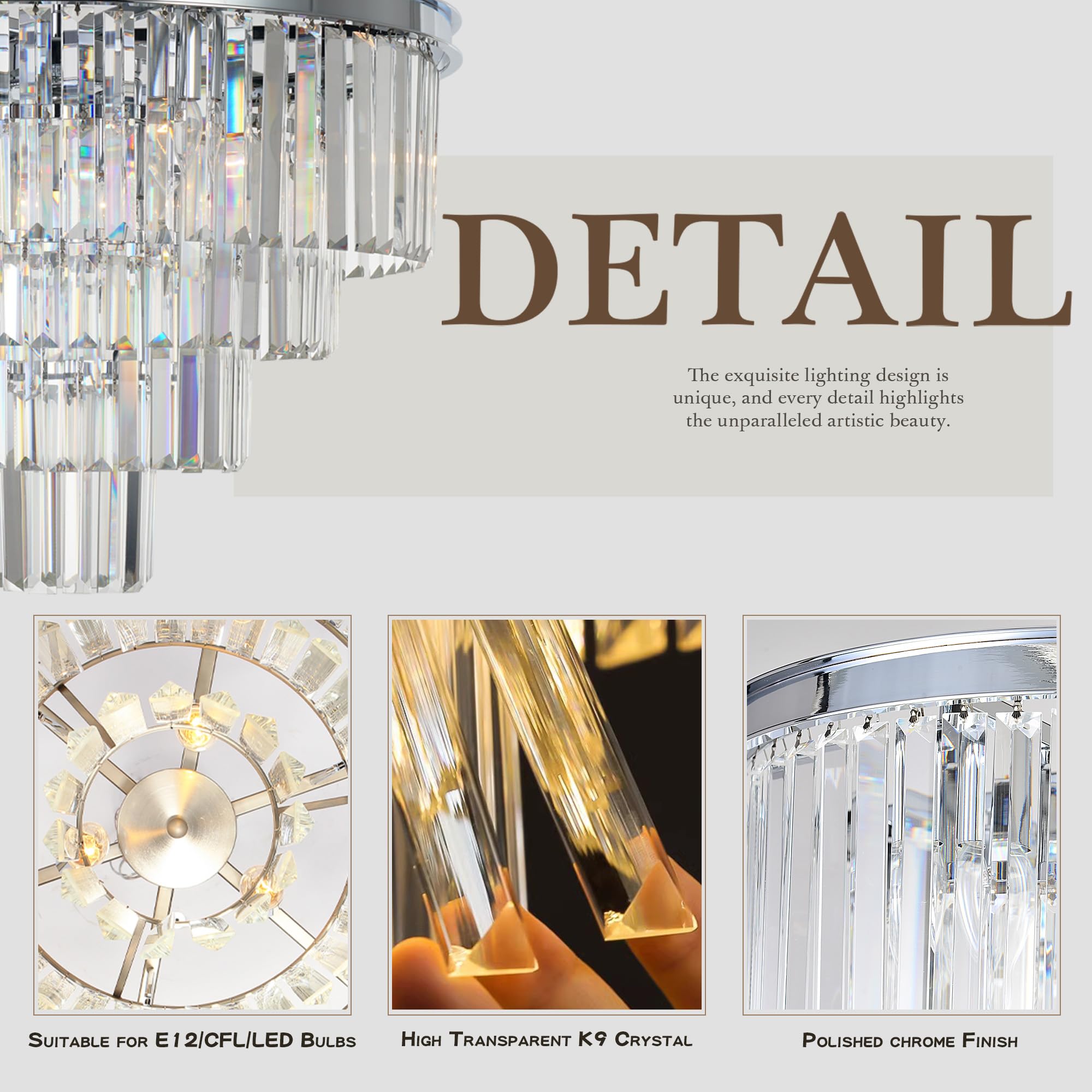Modern Chrome Crystal 4-Tier Chandelier Pendant Light - 9 Lights, 23.6