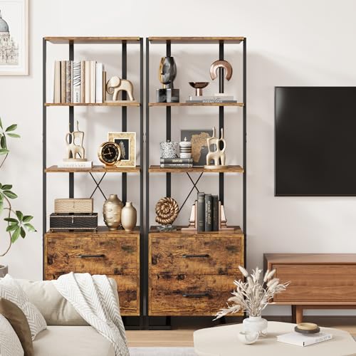 GARVEE 4 Tier Bookshelf with Storage Drawers - 70.9 Inch Tall Industrial Bookcase with Open Display Shelves & Metal Frame - Rustic Brown Book Shelf for Living Room, Bedroom, Office - Perfect for Organizing Books, Decor & Storage Needs