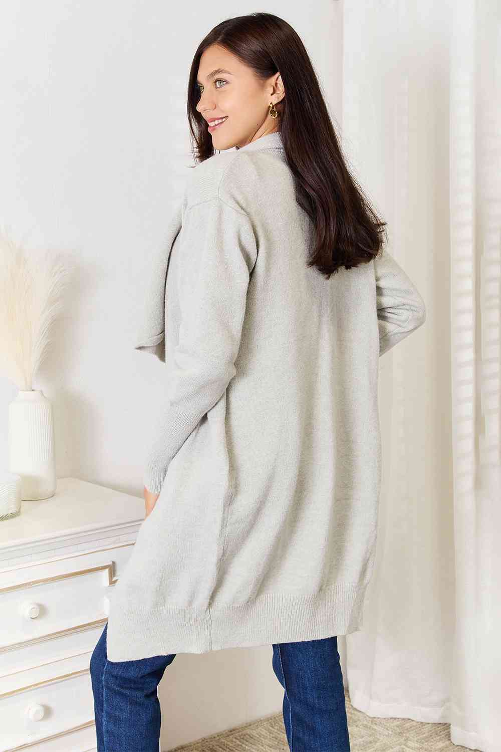Light Grey Open Front Duster Cardigan with Pockets - Cozy Long Knit Sweater for Women | Perfect for Layering, Office Wear & Casual Outfits