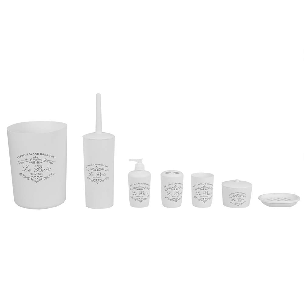 7-Piece Paris Bathroom Set (White) by Home Basics - Plastic Bathroom Accessories Kit with Tumbler, Toothbrush Holder, Soap Dish, Lotion Dispenser, Cotton Ball Holder, Toilet Brush Holder & Wastebasket - Perfect for Modern Bathroom Decor & Organization