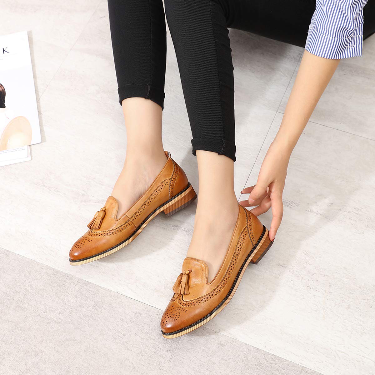 Women's Leather Tassel Loafers - Wingtip Brogue Slip-On Dress Shoes for Ladies | Comfortable Office Work Flats & Casual Wear | Perfect for Business, Travel & Everyday Outfits