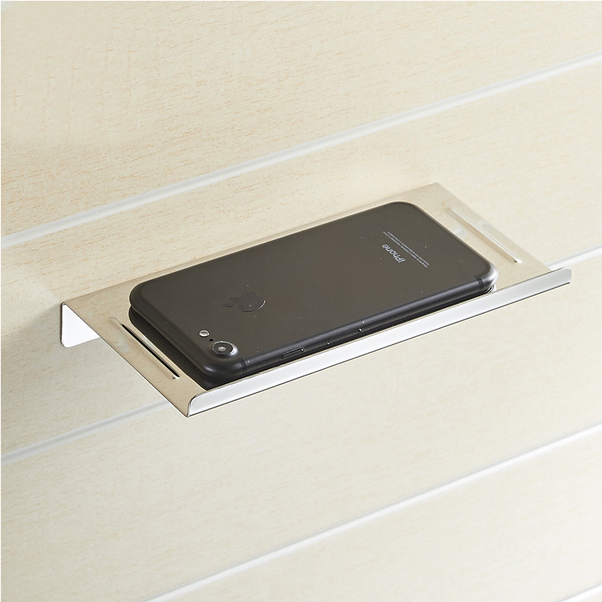 Stainless Steel Wall Mount Toilet Phone Holder - Anti-Slip Bathroom Shelf with Chrome Mirror Finish | Perfect for Bathroom, Shower & Vanity Organization