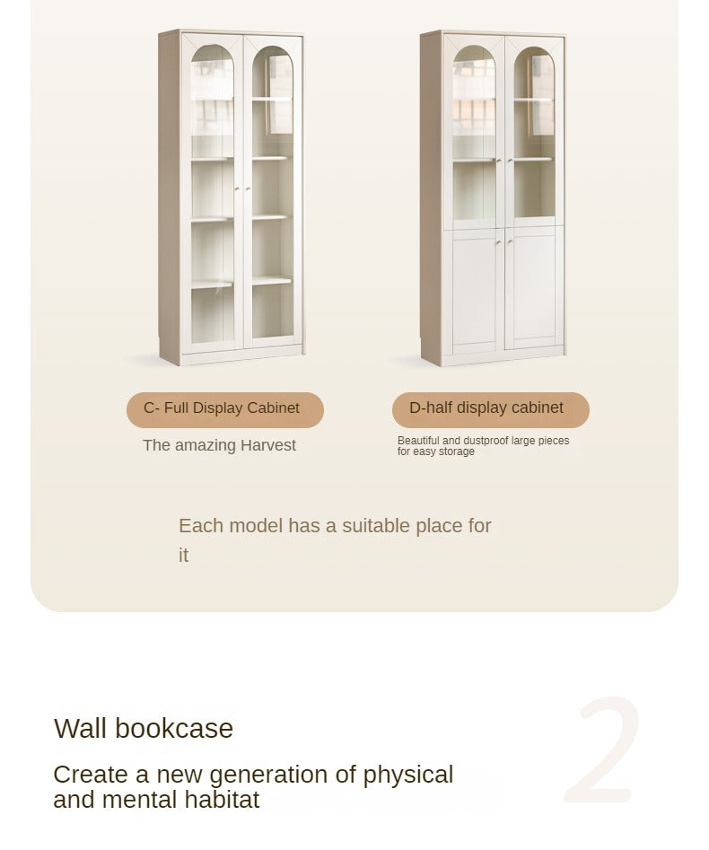 French Cream Style Poplar Solid Wood Bookcase with Glass Door - Whole Wall Combination for Living Room, Office & Library Storage