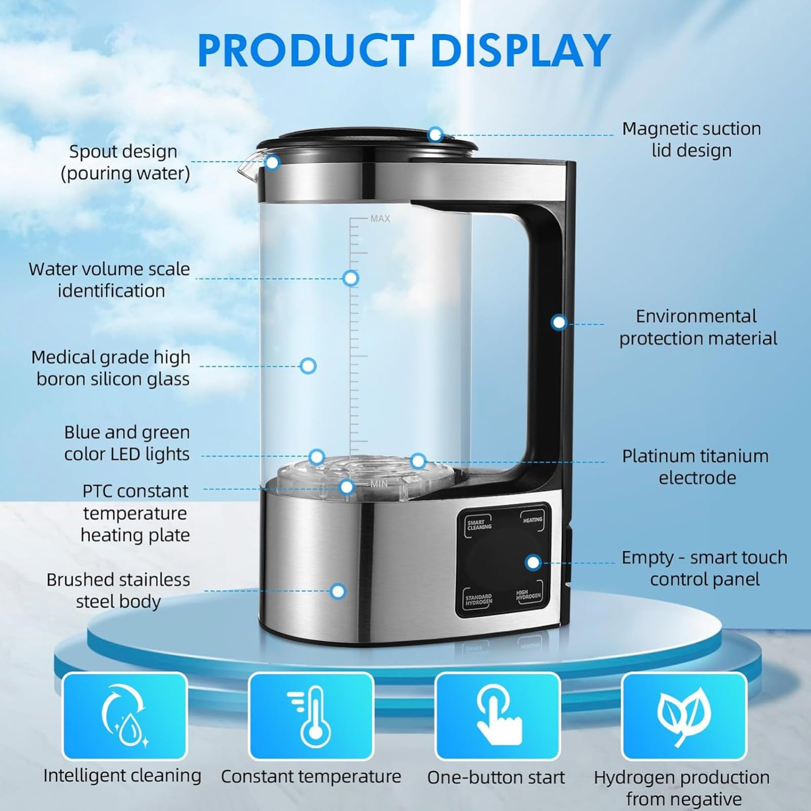 VHVYWY 2L Hydrogen Water Bottle, Alkaline Water Ionizer, Portable Hydrogen Generator with LED Display & Thermostat for Home, Office, Gym & Travel - Boost Hydration & Wellness