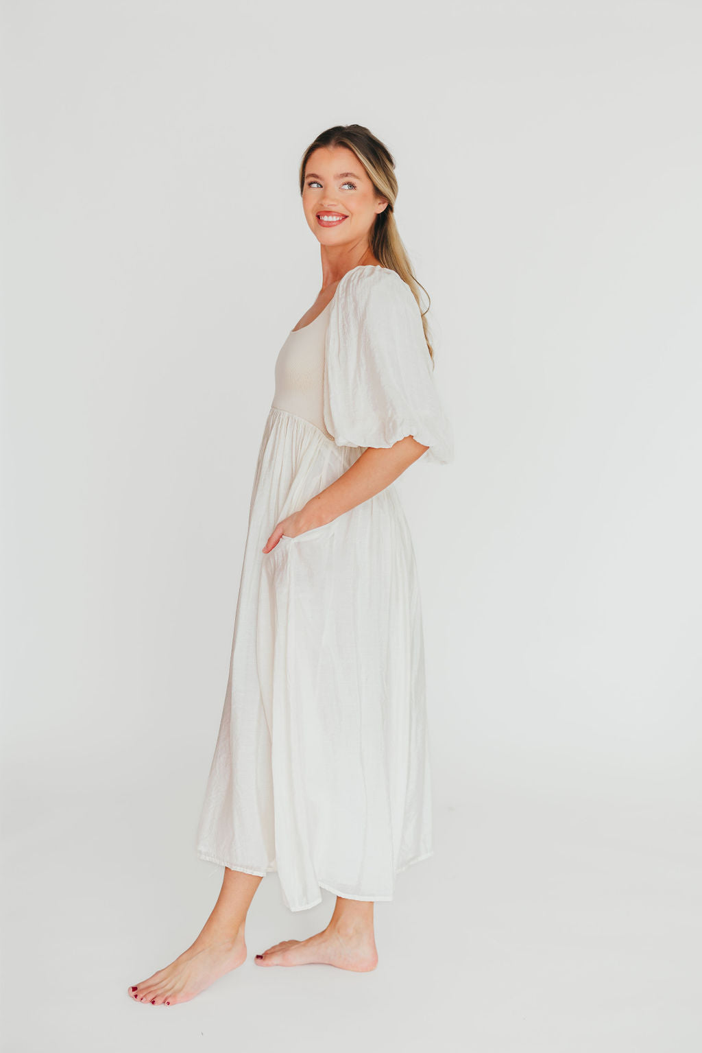 Raina Women's Maternity Midi Dress with Puff Sleeves - Bump Friendly Flowy Summer Dress in Natural - Perfect for Baby Showers, Brunch Dates & Pregnancy Photoshoots