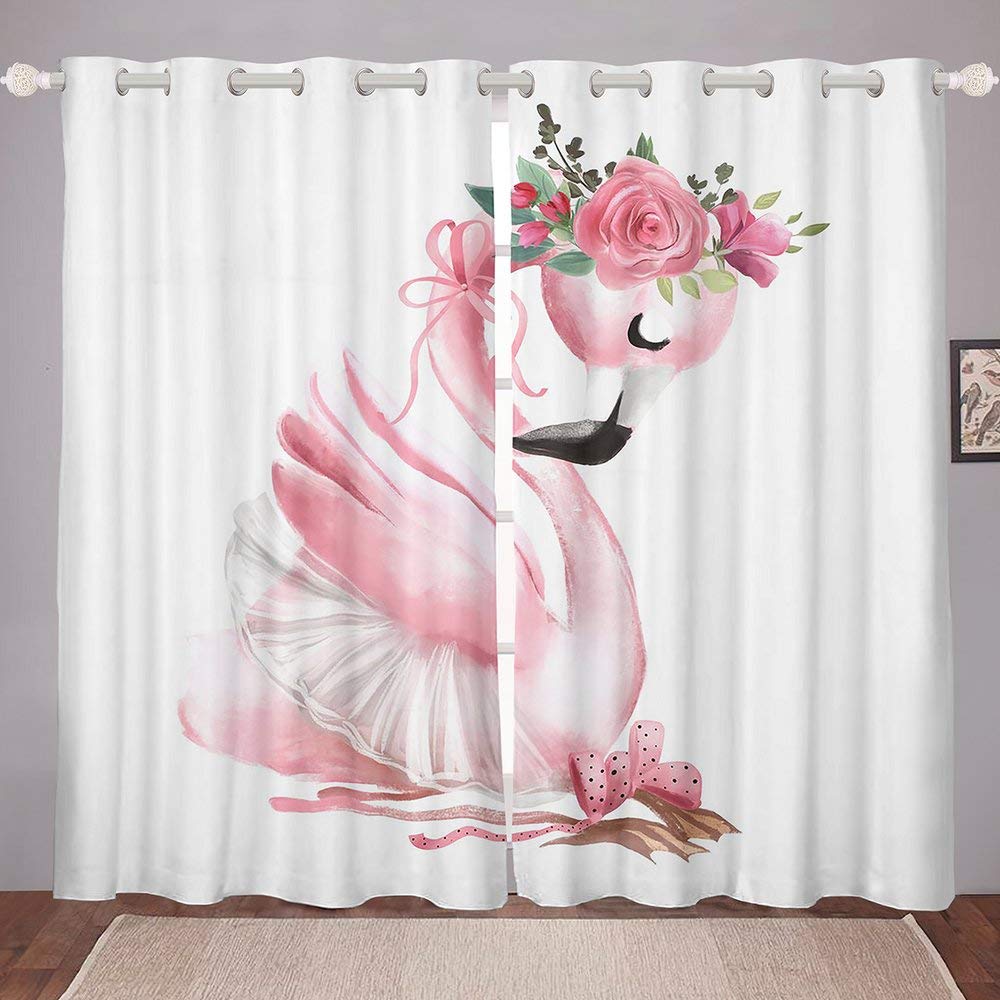**Cartoon Flamingo Curtains - Pink Bird Window Curtains with Grommets & Rose Flower Bow, 2 Panels (104
