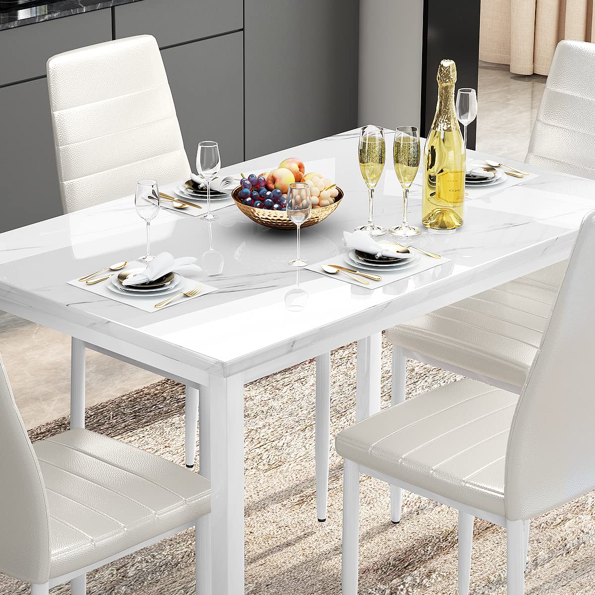 Modern 5-Piece Dining Table Set for 4 - White Faux Marble Kitchen Table with Upholstered Leather Chairs | Space-Saving Dining Room Furniture for Small Spaces, Breakfast Nook & Apartment Dinette | Perfect for Family Meals, Entertaining Guests & Cozy Dining