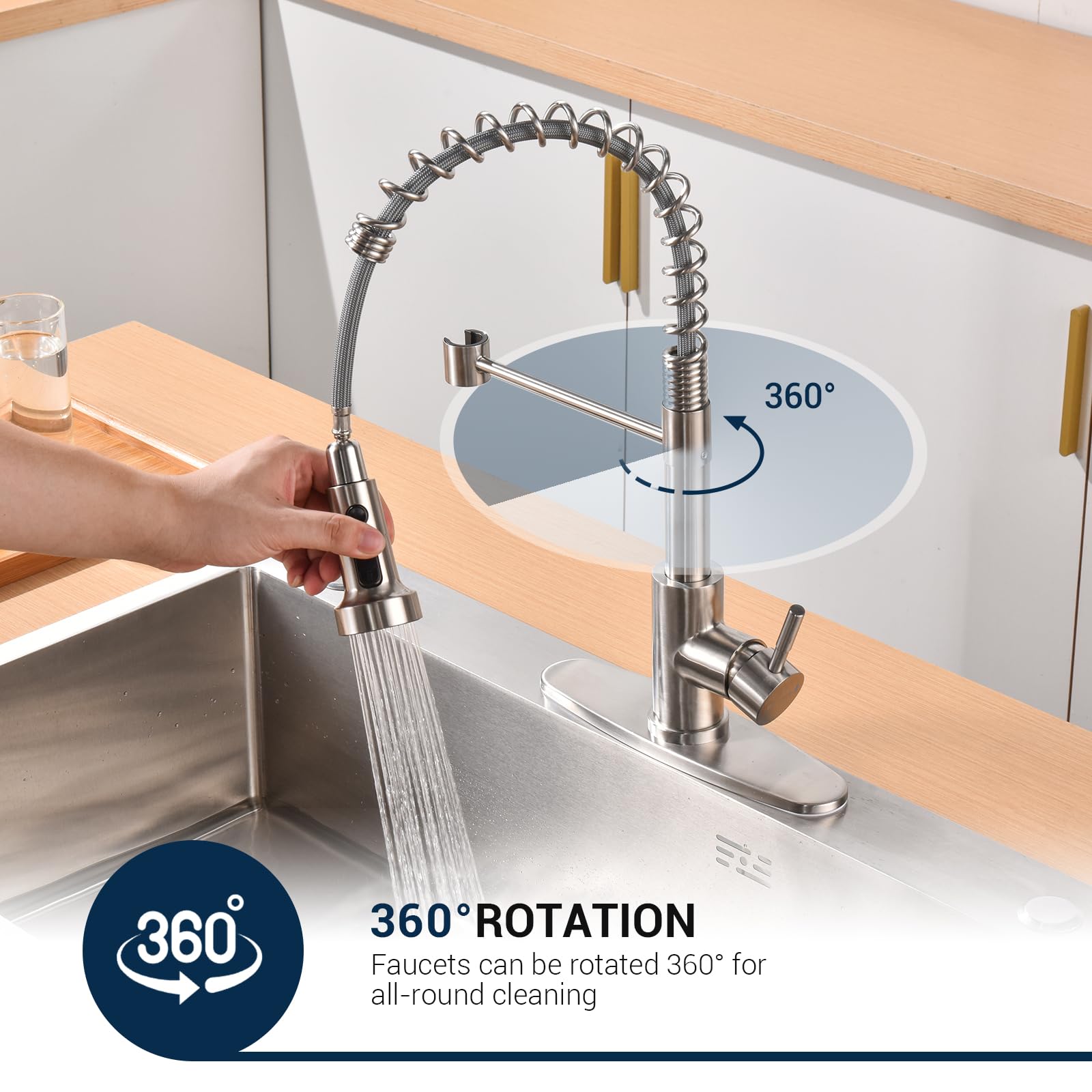 BLYLUND Commercial Stainless Steel Kitchen Faucet with Pull Down Sprayer, Spring Design, Triple Function Sprayer, Brushed Nickel Modern Sink Tap for Home & Restaurant Use