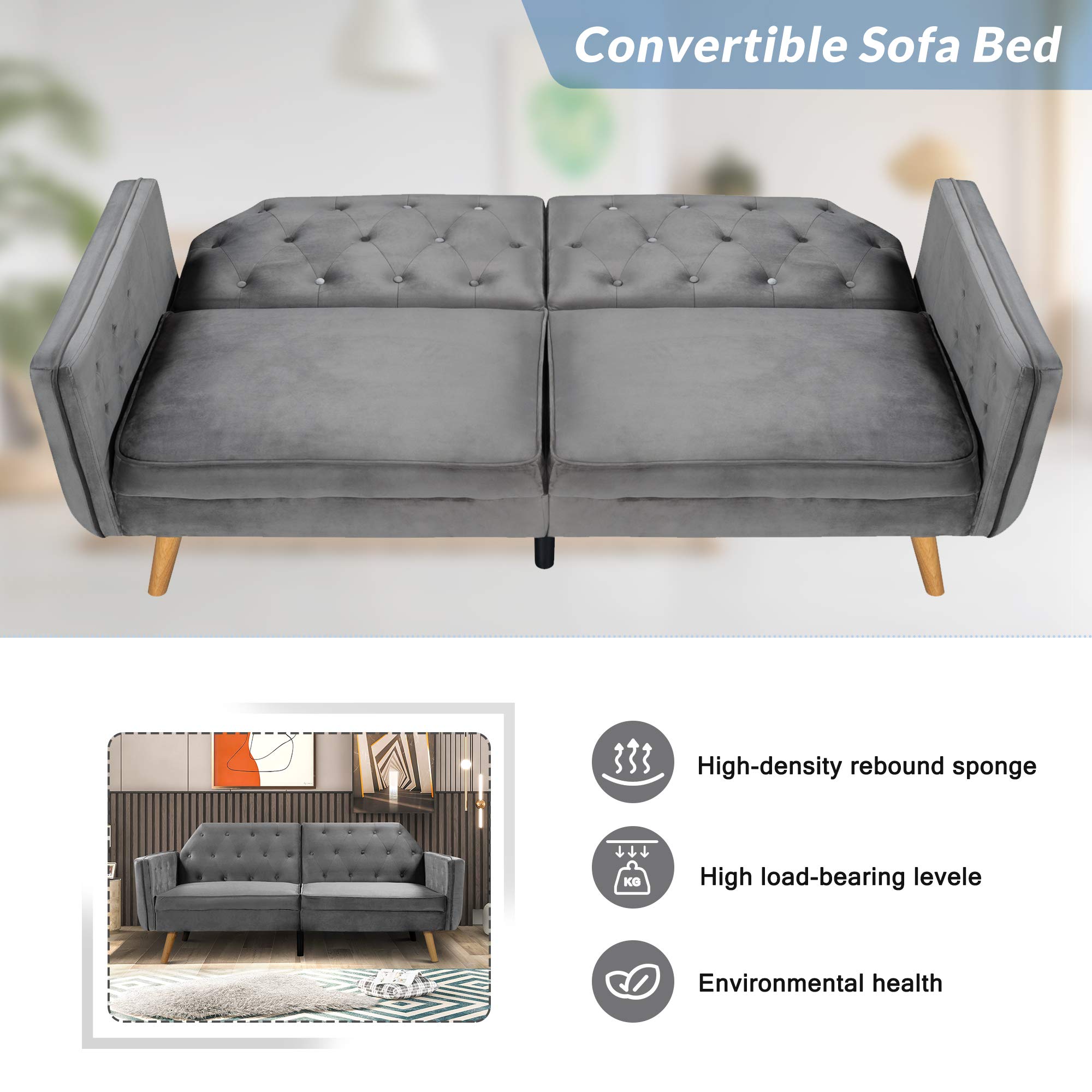 Modern Velvet Convertible Futon Sofa Bed with Wood Legs & Armrests - 3 Adjustable Backrests for Small Spaces, Apartments & Guest Rooms | Twin Size Sleeper Couch for Overnight Guests, Living Room & Studio (Gray)