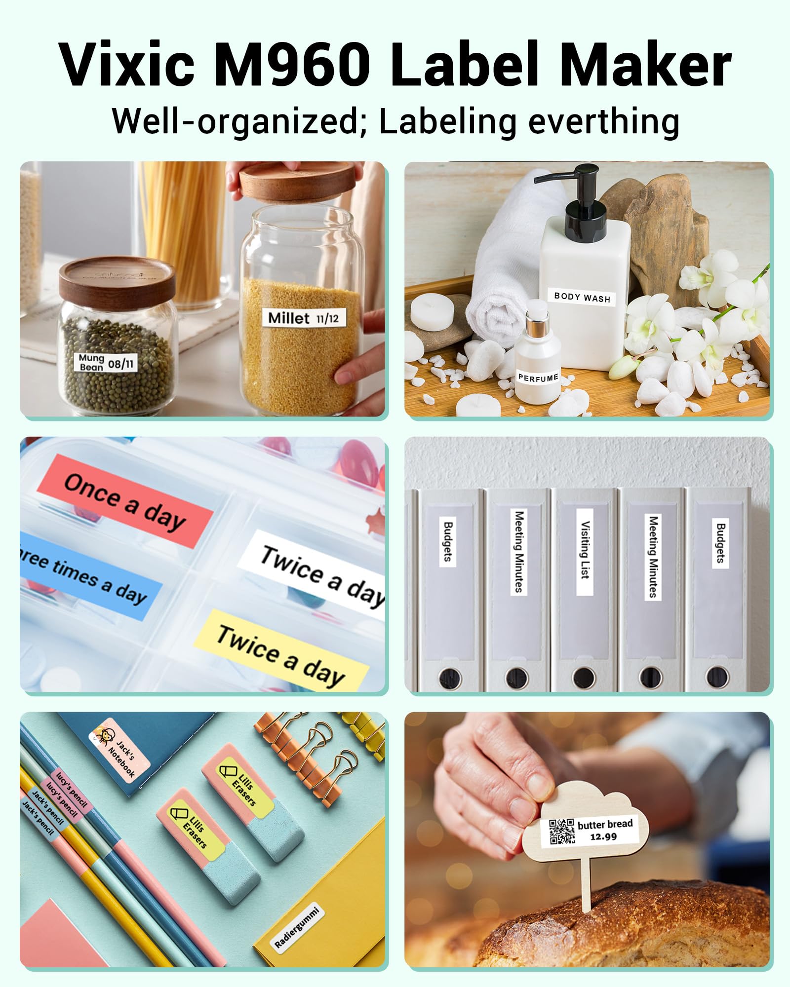 Bluetooth Label Maker Machine with 2PK Tapes - M960 Mini Portable Label Printer, Rechargeable Handheld Labeler with Multiple Templates, Icons & Fonts for Office, Home Organization (0.47inch) - Perfect for Pantry, Closet, School & Warehouse Labeling