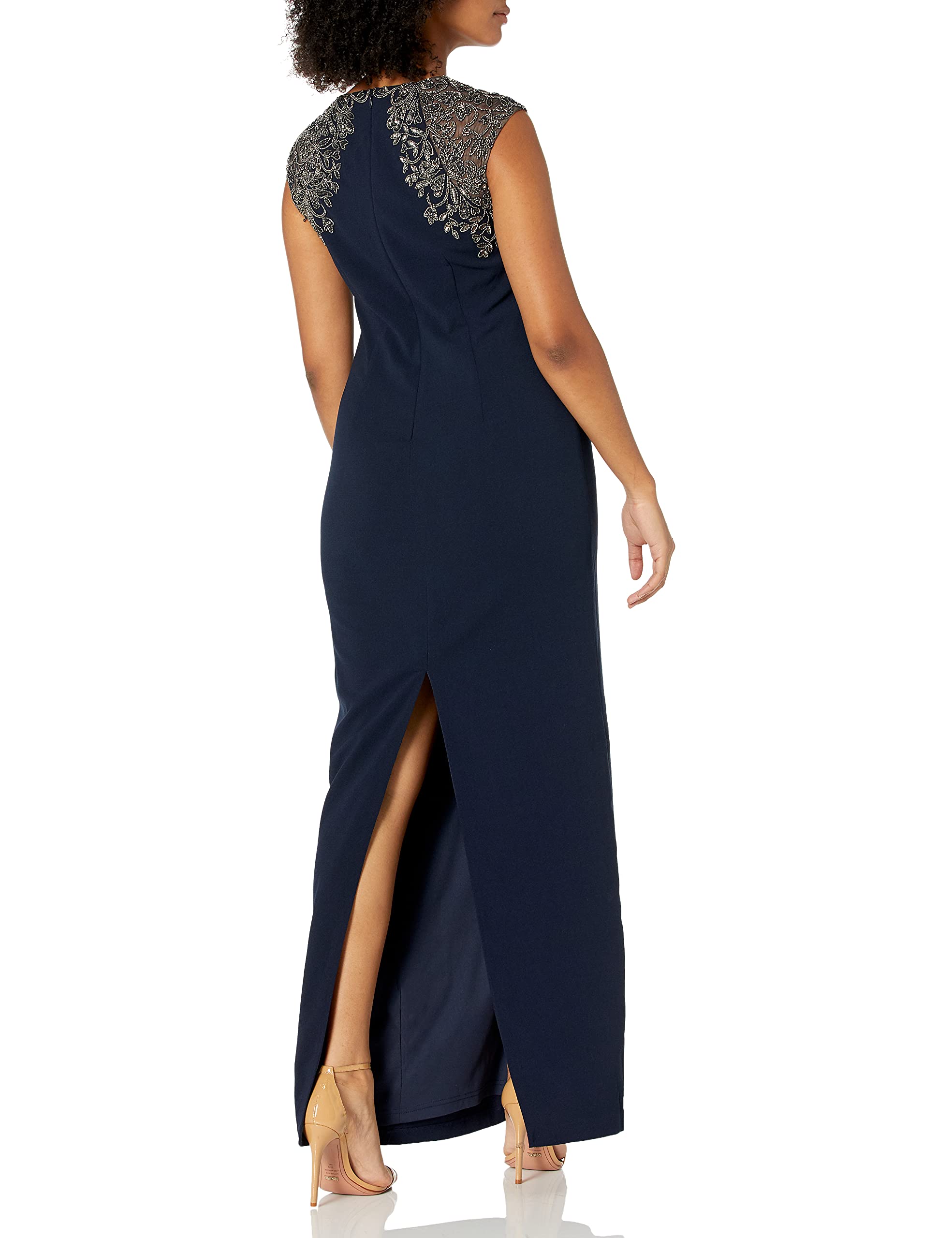 Adrianna Papell Women's Petite Beaded Long Sleeve Evening Gown - Stretch Jersey Formal Dress for Weddings, Galas & Special Occasions