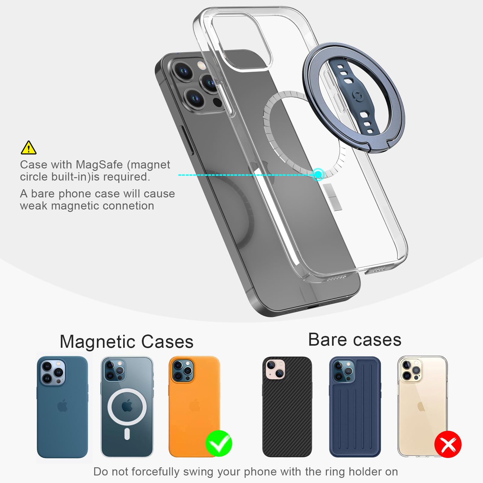EWA MagOne 2023 Aluminum Edition - Magsafe Compatible Phone Grip Stand with Silicone Finger Strap, Removable Magnetic Ring Holder & Kickstand Loop for iPhone 16, 15, 14, 13, 12 Pro/Max - Perfect for Travel, Work & Everyday Use