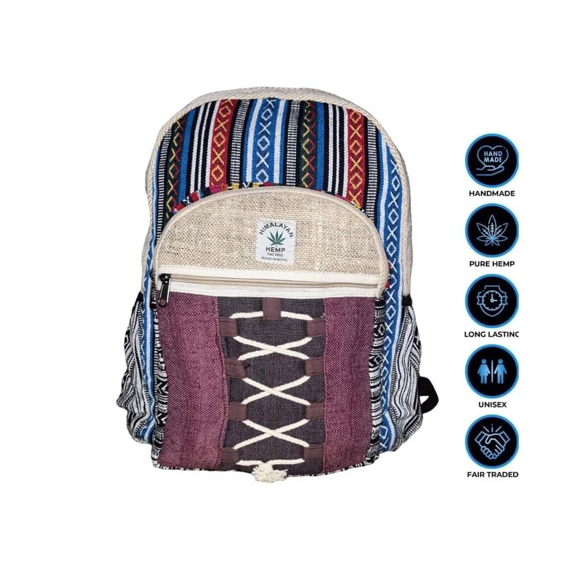 Eddika Natural Vegan Large Hemp Backpack for Men & Women - Eco-Friendly Himalayan Hiking Backpack with Adjustable Straps | Perfect for Outdoor Adventures, Festivals, Travel & Daily Use