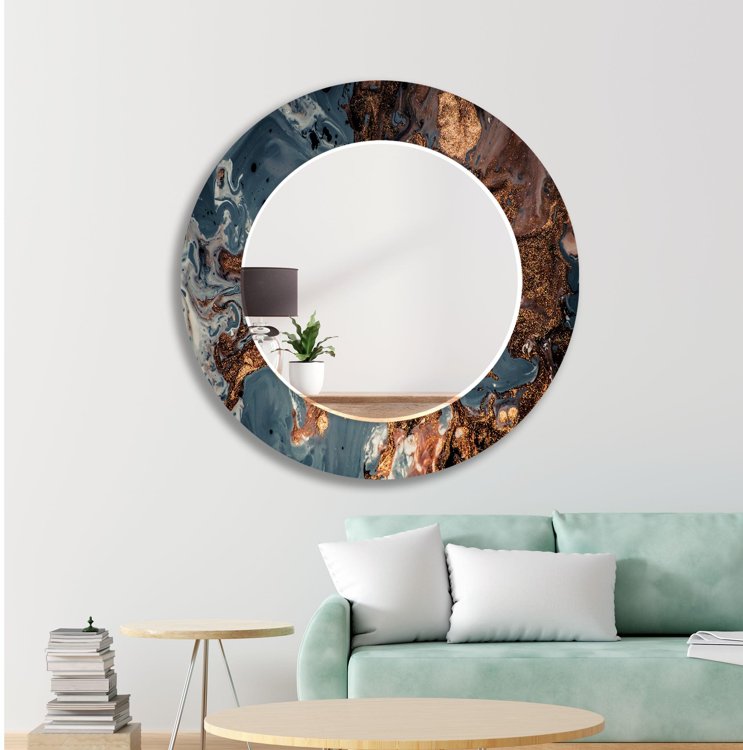 Blue Abstract Wall Mirror with Bronze Details - Modern Decorative Mirror for Living Room, Bedroom, or Entryway