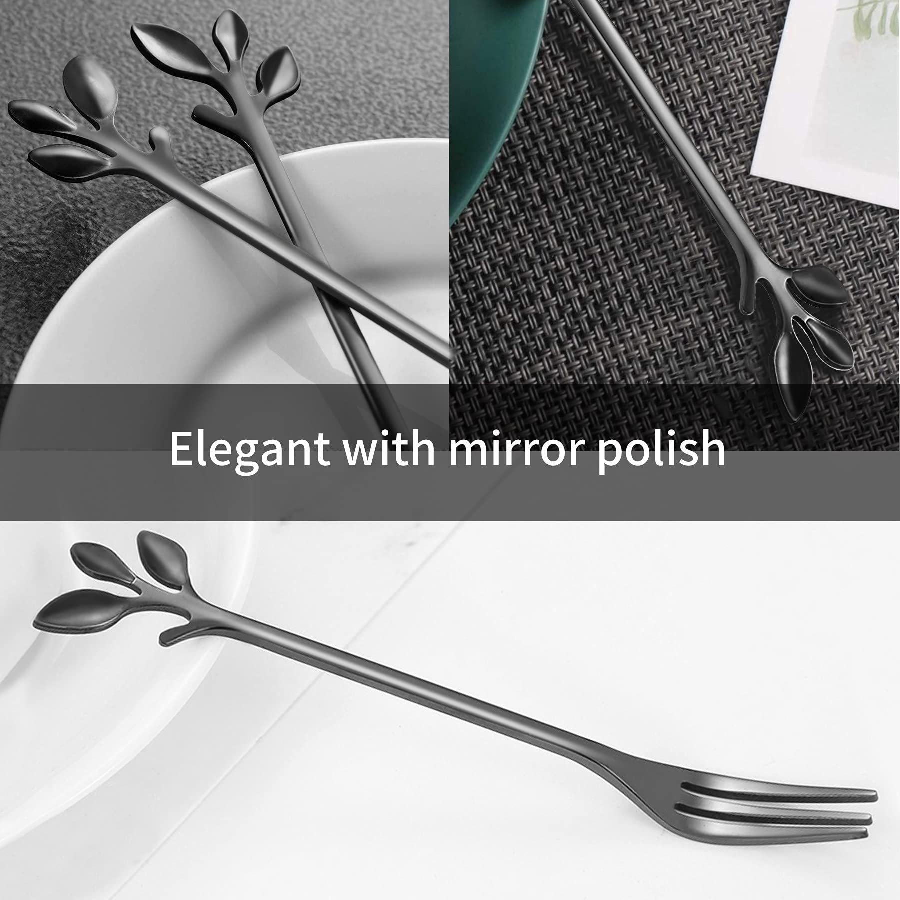 iFeico 5-Piece Black Stainless Steel Dessert Forks Set - 4.7 Inch Elegant Leaf Design Appetizer Forks for Cake, Fruit, Cocktails - Perfect for Wedding, Party, Kitchen & Tableware Decor