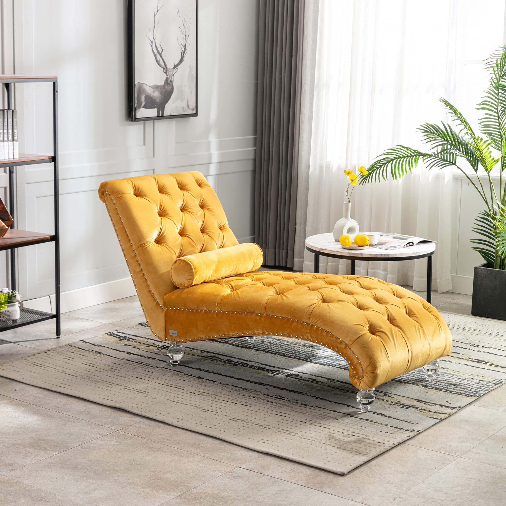 Modern Velvet Chaise Lounge Chair - Armless Mid-Century Sofa with Sturdy Acrylic Legs, Mustard Yellow Accent Piece for Living Room, Bedroom or Reading Nook
