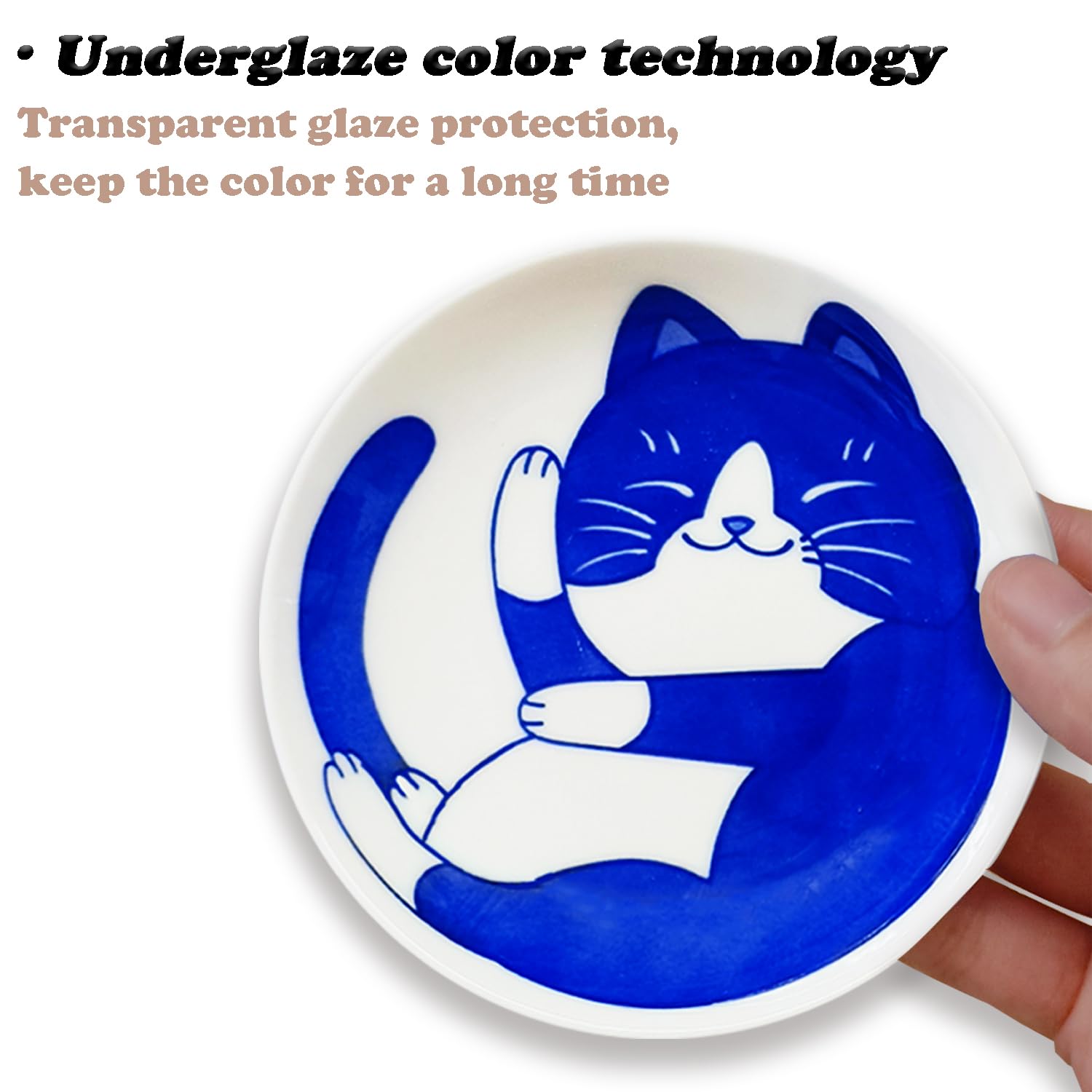 Adorable Cat-Themed Ceramic Dessert Plates Set of 4 - Perfect for Dipping Sauces, Sushi, Appetizers & Soy Sauce - Ideal Cat Lover Gift for Dinnerware Sets (Includes Free Spoon & Fork) - Great for Tea Parties, Japanese Cuisine & Home Decor