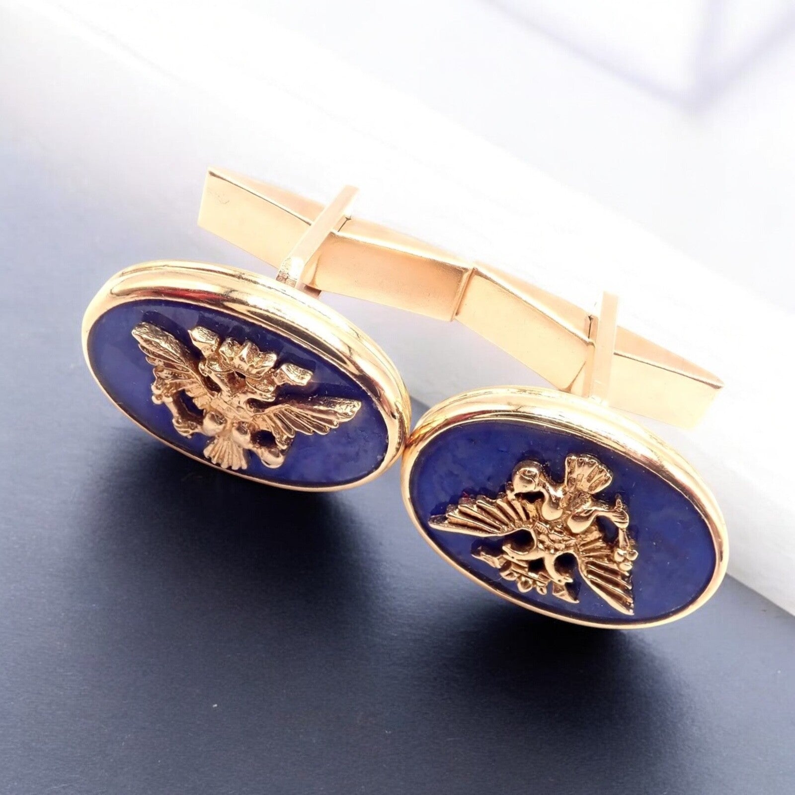 Authentic Franklin Mint Faberge Imperial Eagle 14k Yellow Gold Lapis Cufflinks - Luxury Men's Jewelry Gift for Formal Occasions & Business Events