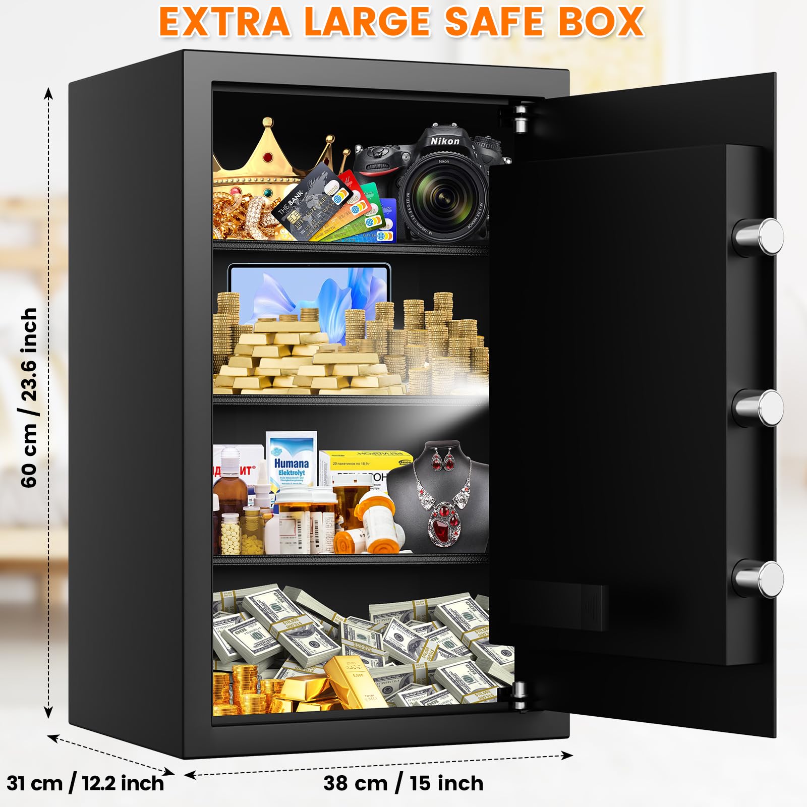 4.2 Cubic Foot Large Fireproof Safe for Home & Office - Digital Security Safe Box Waterproof & Fire Resistant with Spare Keys & Alarm System - Perfect for Documents, Jewelry, Cash Storage (Home, Business, Gun Safe)