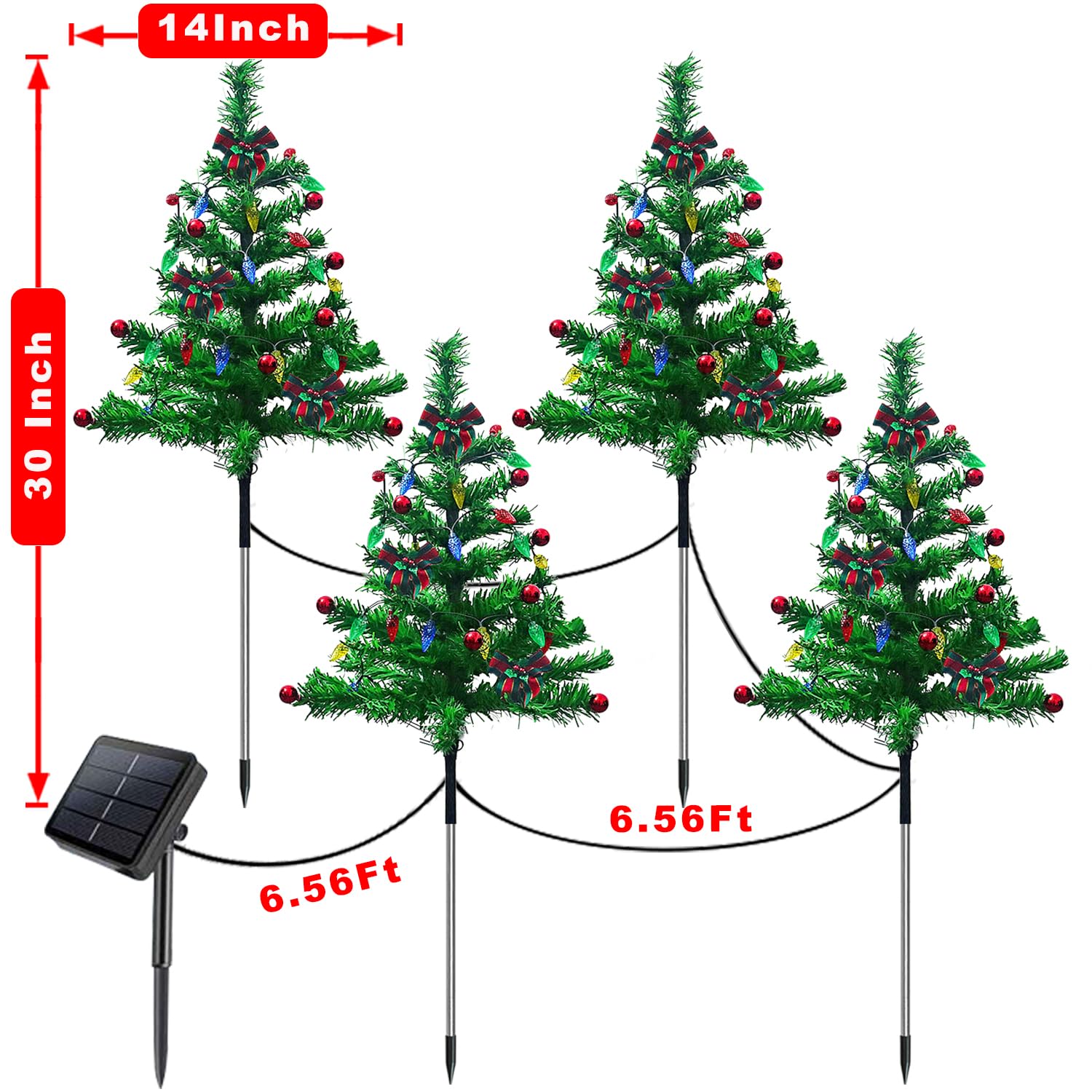 4-Pack Solar Powered Christmas Tree Lights with 8 Lighting Modes - Waterproof Outdoor Holiday Decor for Yard, Garden, Pathway, Porch - Perfect for Christmas, Patio, Deck & Landscape Lighting