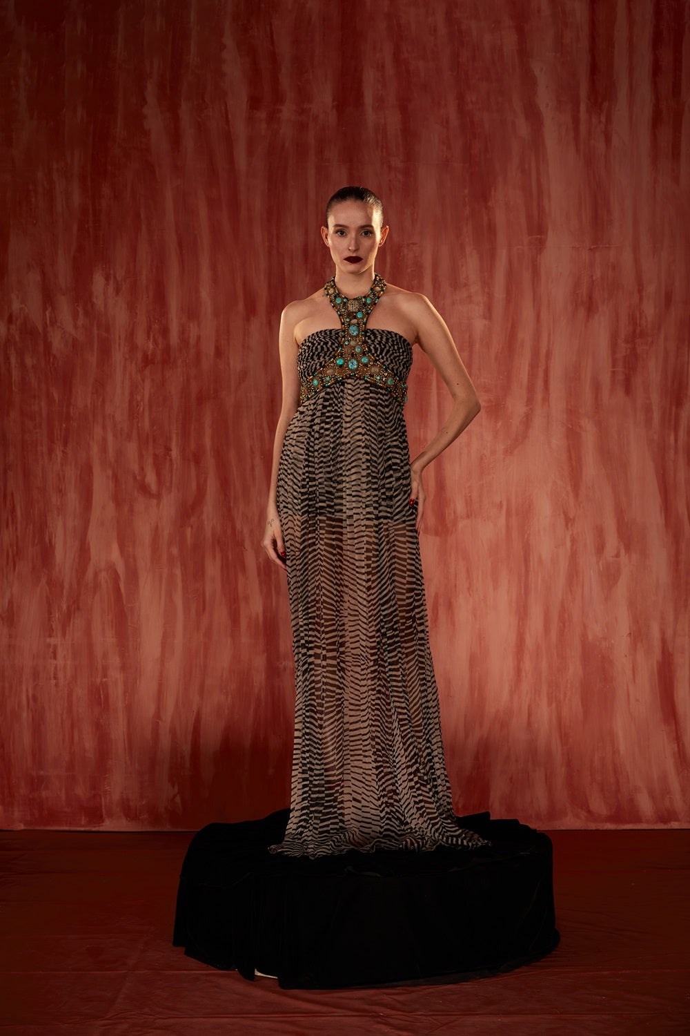 Elegant Black & White Byzantine Halter Neck Dress with Gold Jeweled Hand Embroidery - Perfect for Evening Parties, Weddings & Special Occasions