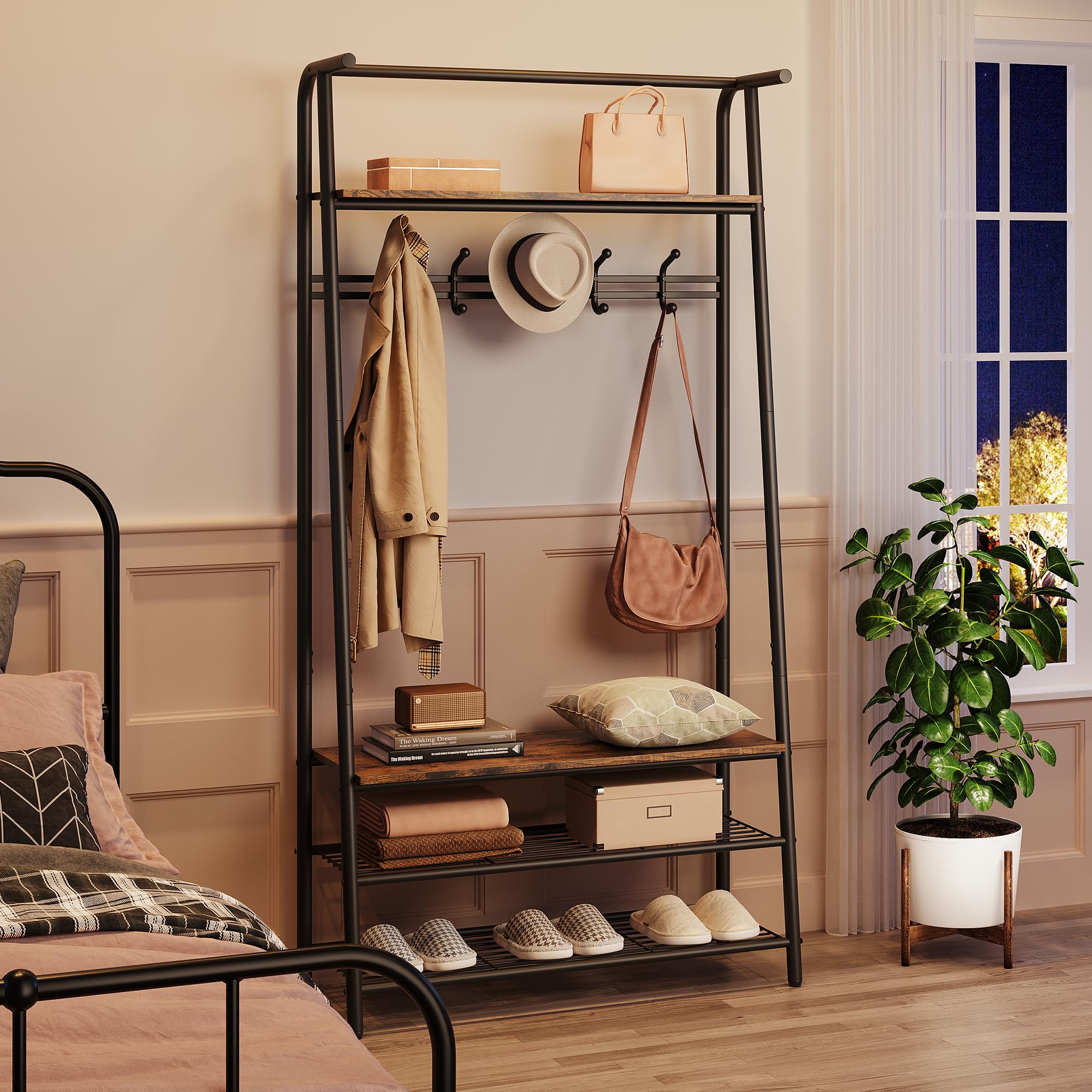 GARVEE 4-in-1 Entryway Organizer - Wood Look Coat Rack with Shoe Bench, Storage Shelf & Hanging Bar - Industrial Style Steel Frame in Rustic Brown & Black - Perfect for Mudroom, Foyer & Home Entryway Organization