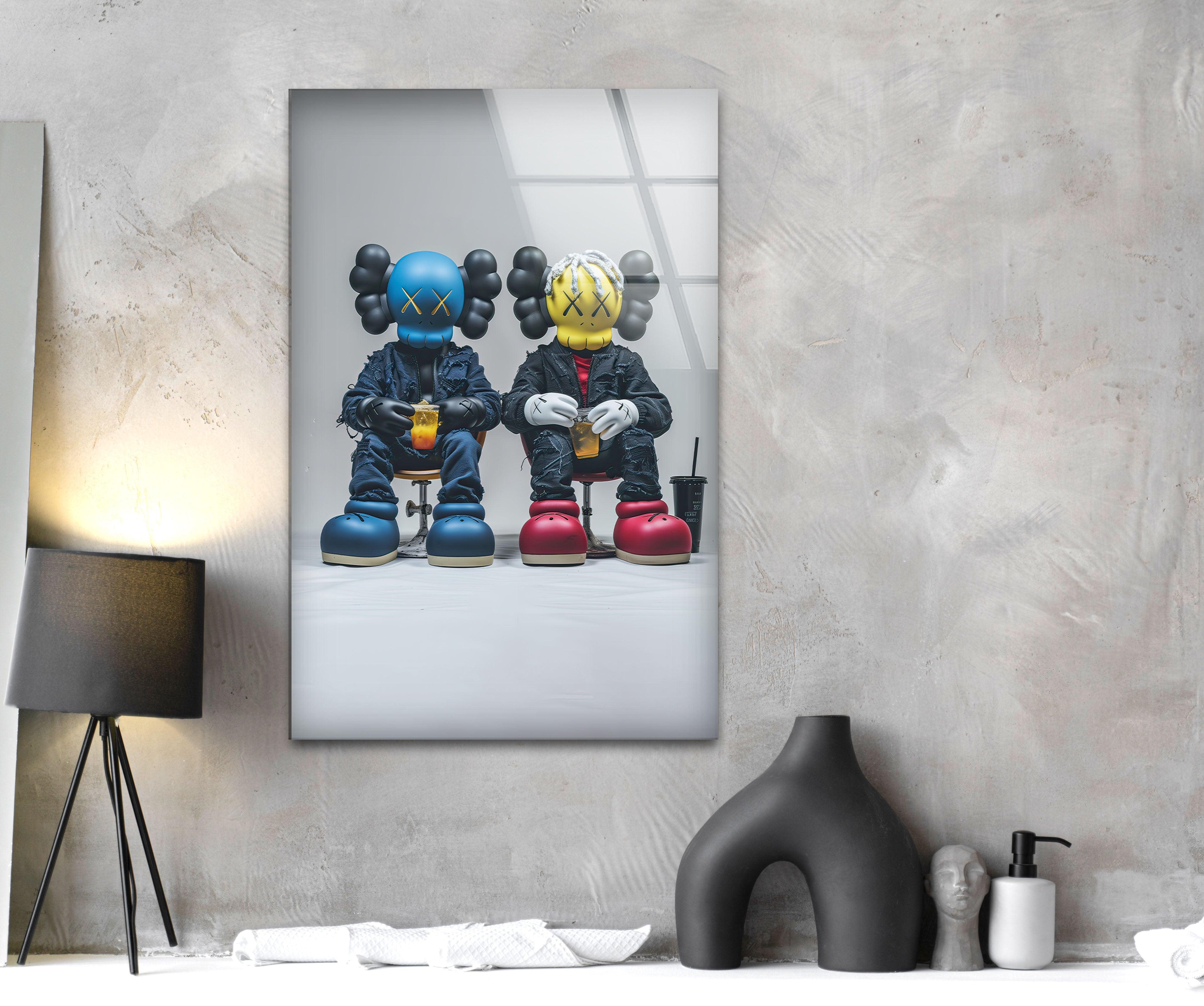 Blue & Yellow KAWS Wall Art Glass Decor - Modern Home & Office Decor for Living Room, Bedroom, or Gift