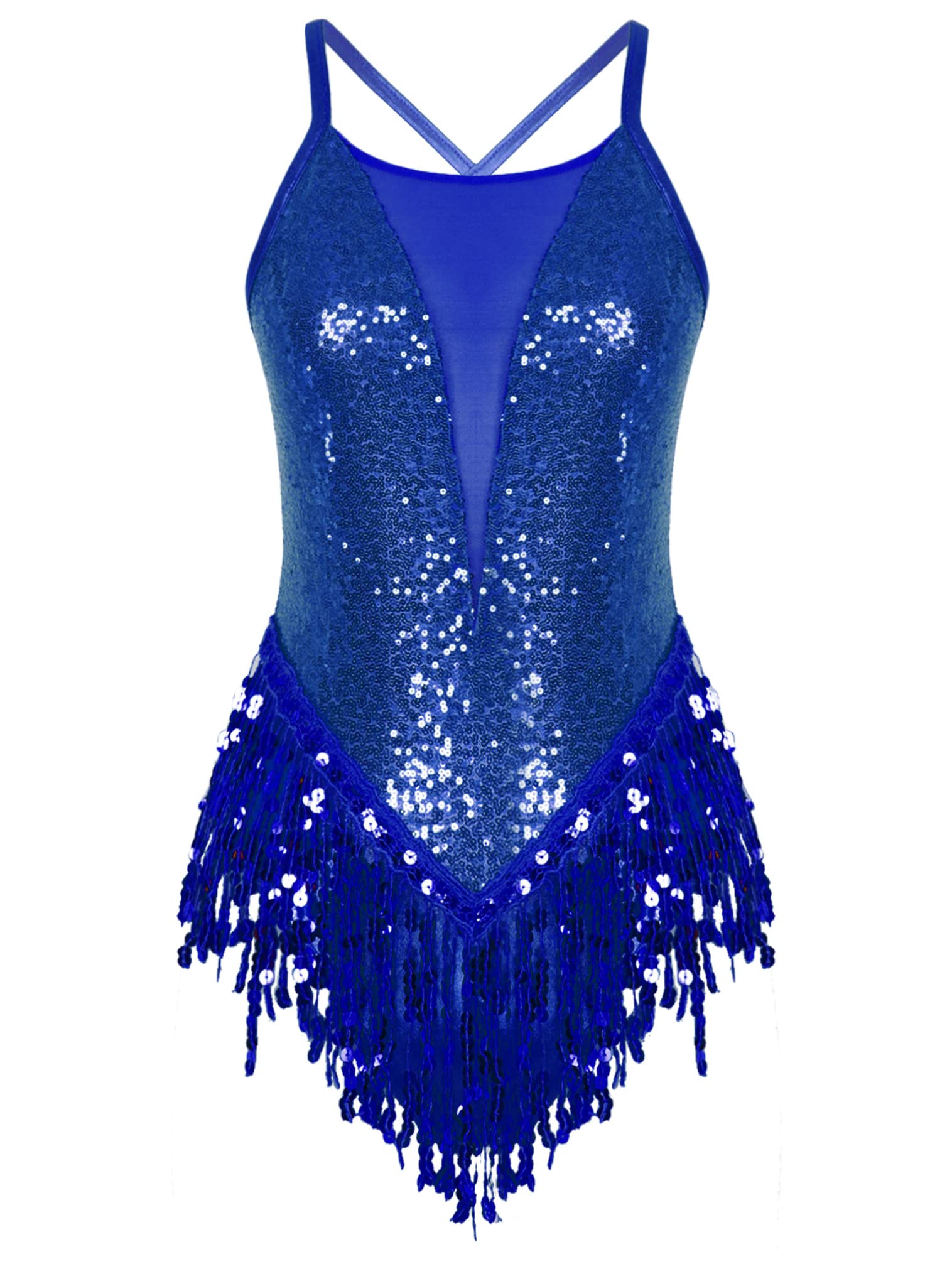 FEESHOW Women's Sequin Fringe Leotard - Shiny Tassel Latin Dance Costume, Jazz Dance Bodysuit Top for Performance & Stage Shows