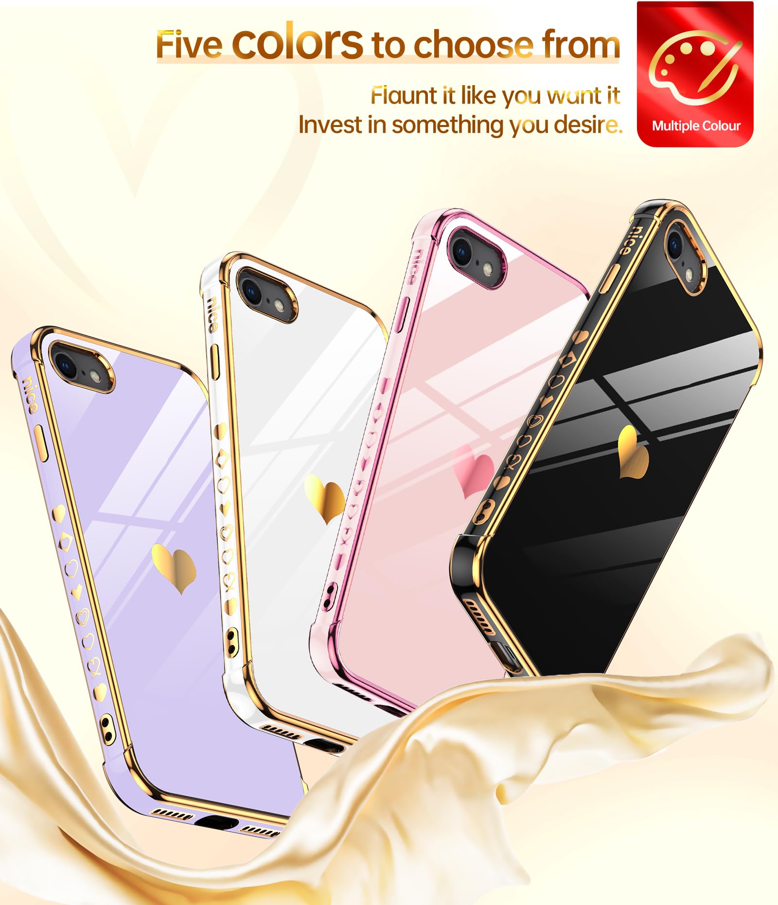 Luxury Bling Heart Soft TPU Phone Case for iPhone 7/8 with 2-Pack Tempered Glass Screen Protector - Cute Girly Women's Protective Cover for Everyday Use, Work & Travel (Black)
