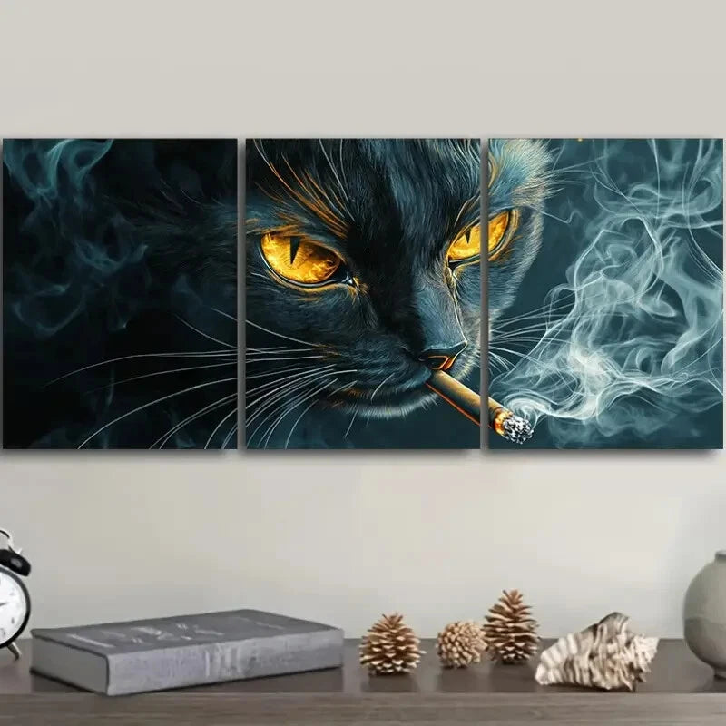 3-Piece Black Cat with Yellow Eyes Smoking Metal Wall Art - Ready to Hang Home Decor for Living Room, Bedroom, or Office