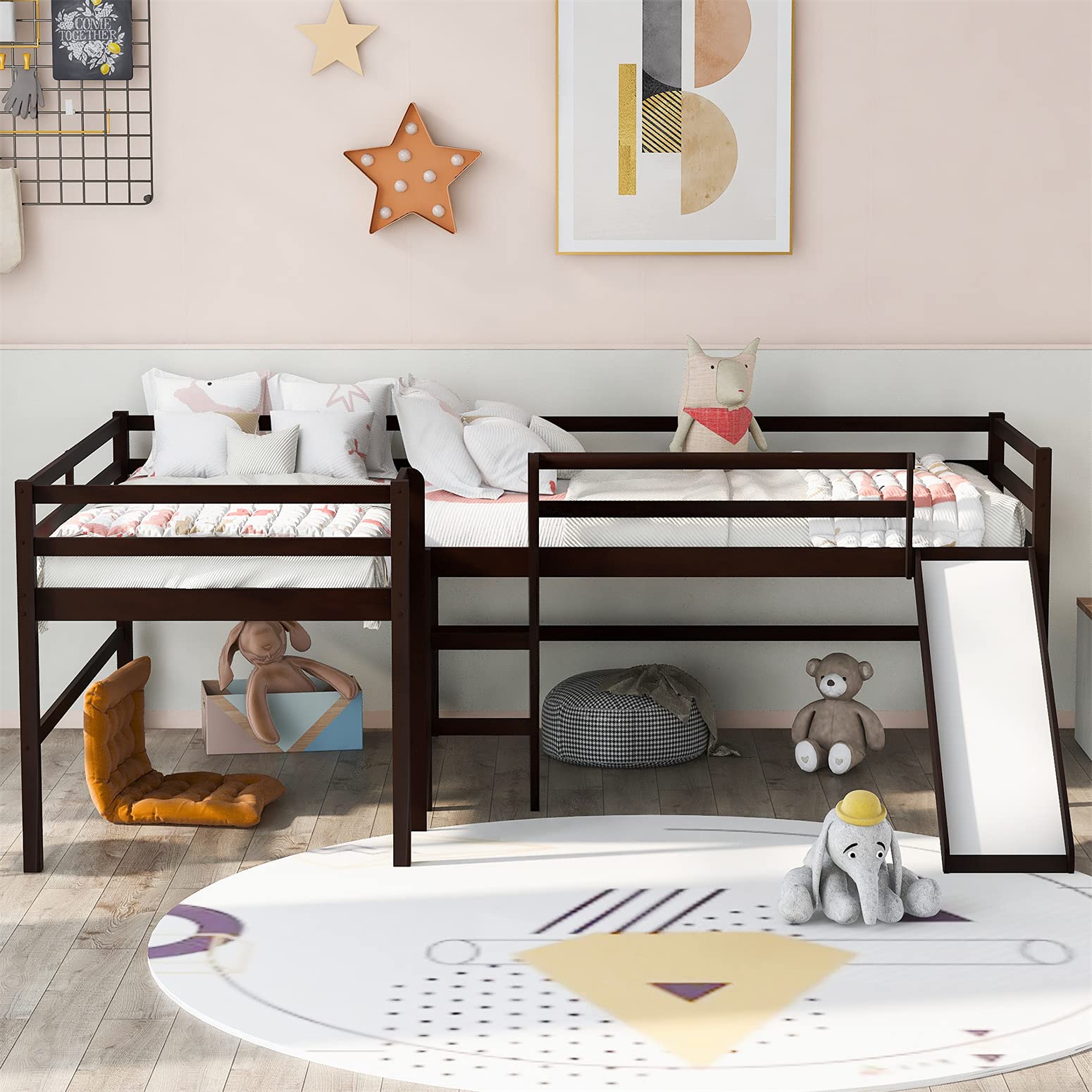 L-Shaped Twin Loft Bed with Slide - Low Loft Bed Frame for 2 Kids - Wood Espresso Playhouse Loft Bed for Girls, Boys & Teens - Perfect for Small Bedrooms, Kids' Playrooms & Shared Sibling Spaces