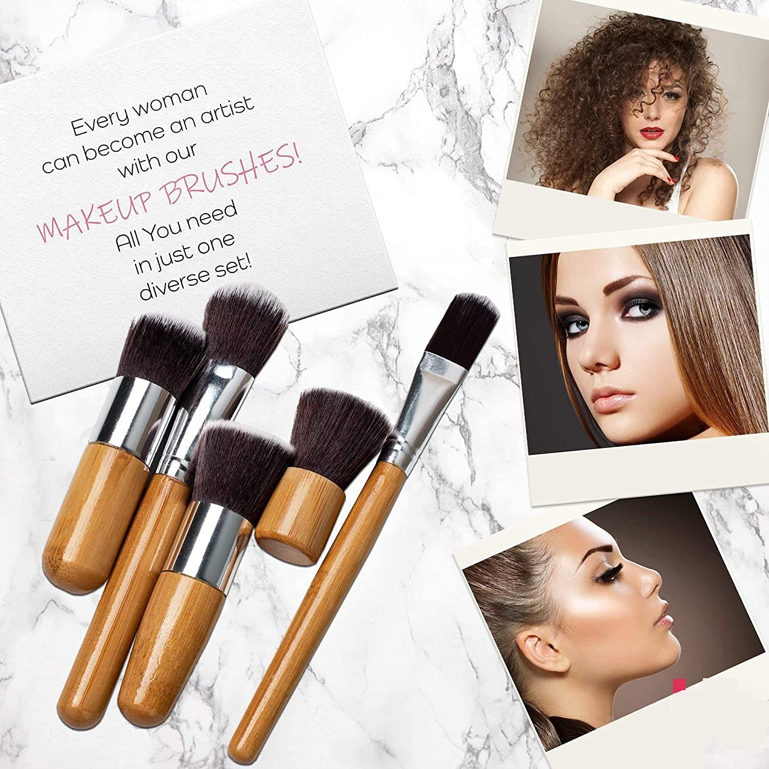 Kamz Beauty Professional 11-Piece Kabuki Makeup Brush Set with Wooden Handles - Foundation, Powder, Cream & Bronzer Brush Kit for Contouring & Concealing - Perfect for Travel & Professional Makeup Application
