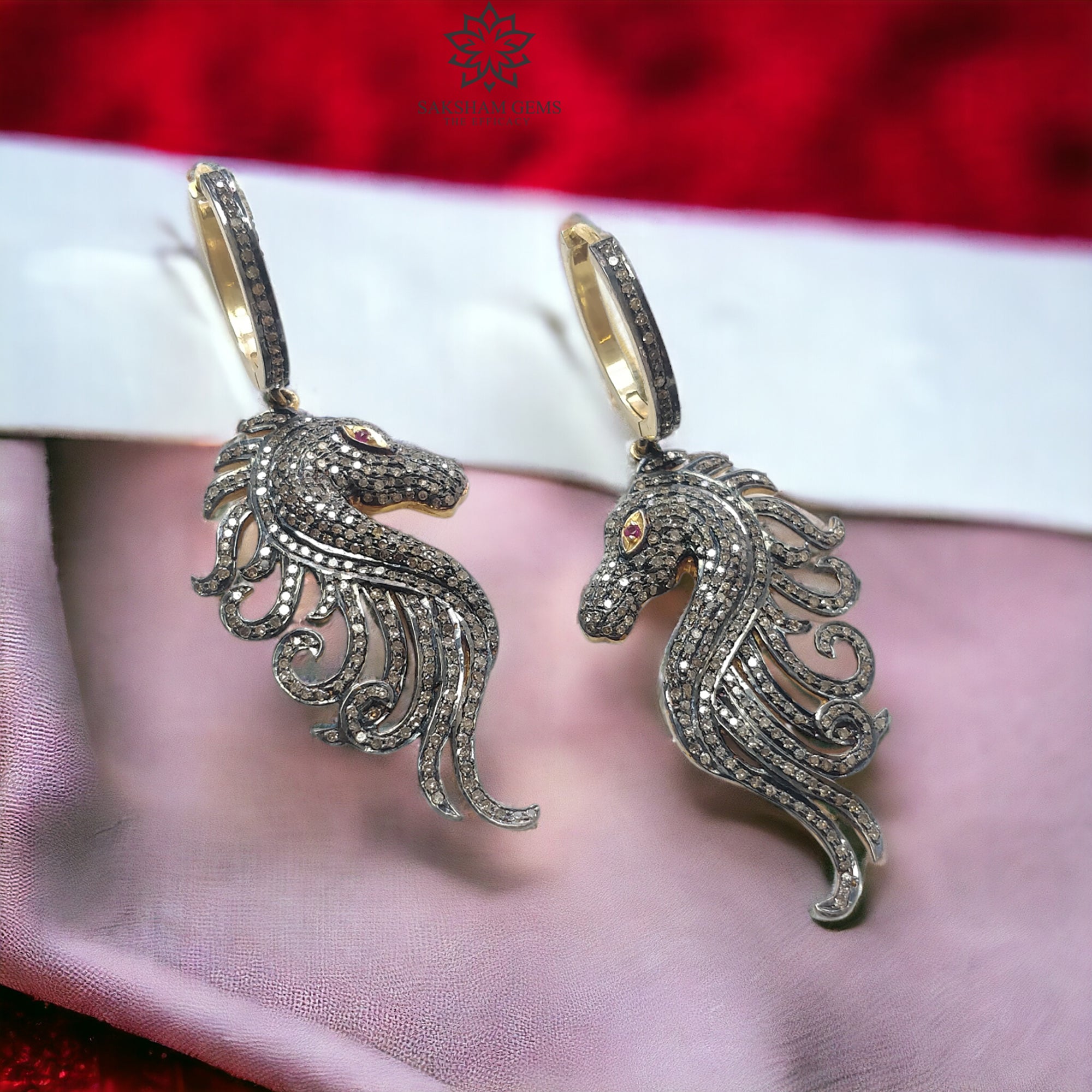 14K Gold & Sterling Silver Diamond Ruby Gemstone Hoop Earrings - 2.5 Inch Dangle Drop Horse Face Design with Pave Setting | Perfect for Weddings, Parties & Special Occasions