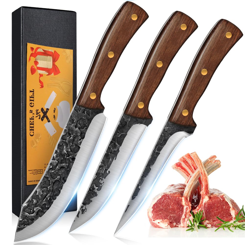 **UniqueFire 3-Piece Professional Chef Knife Set - High Carbon Steel Hand-Forged Kitchen Knives with Ergonomic Wood Handle - Sharp Butcher & Meat Cleaver Knives for Home & Restaurant - Perfect for Cooking, Slicing, and Meat Preparation**