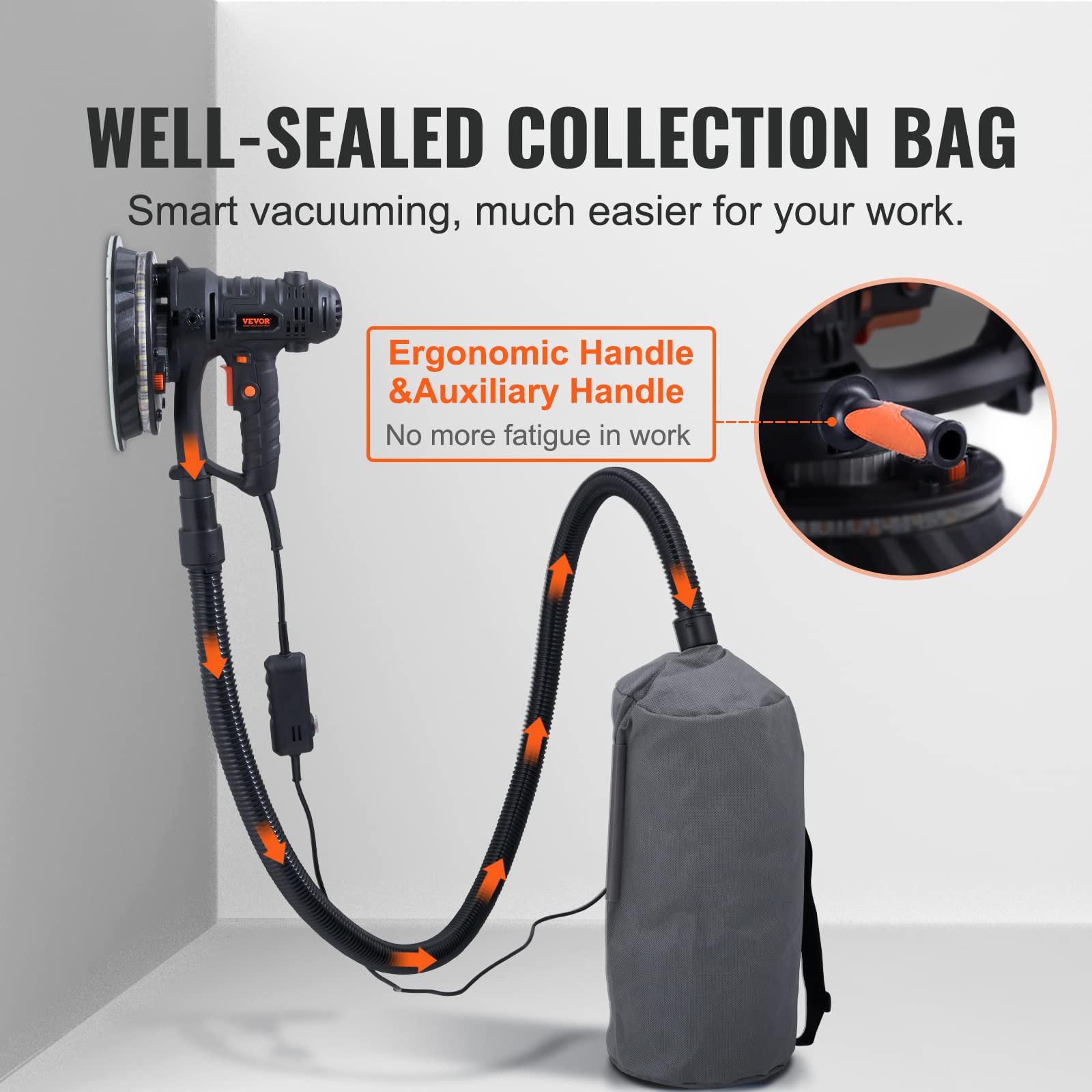 VEVOR 800W Electric Drywall Sander with 12 Sanding Discs, Variable Speed 1200-2300 RPM, Auto Vacuum Dust Collection System & LED Lights - Perfect for Wall Repair, Home Renovation, and Professional Construction Projects
