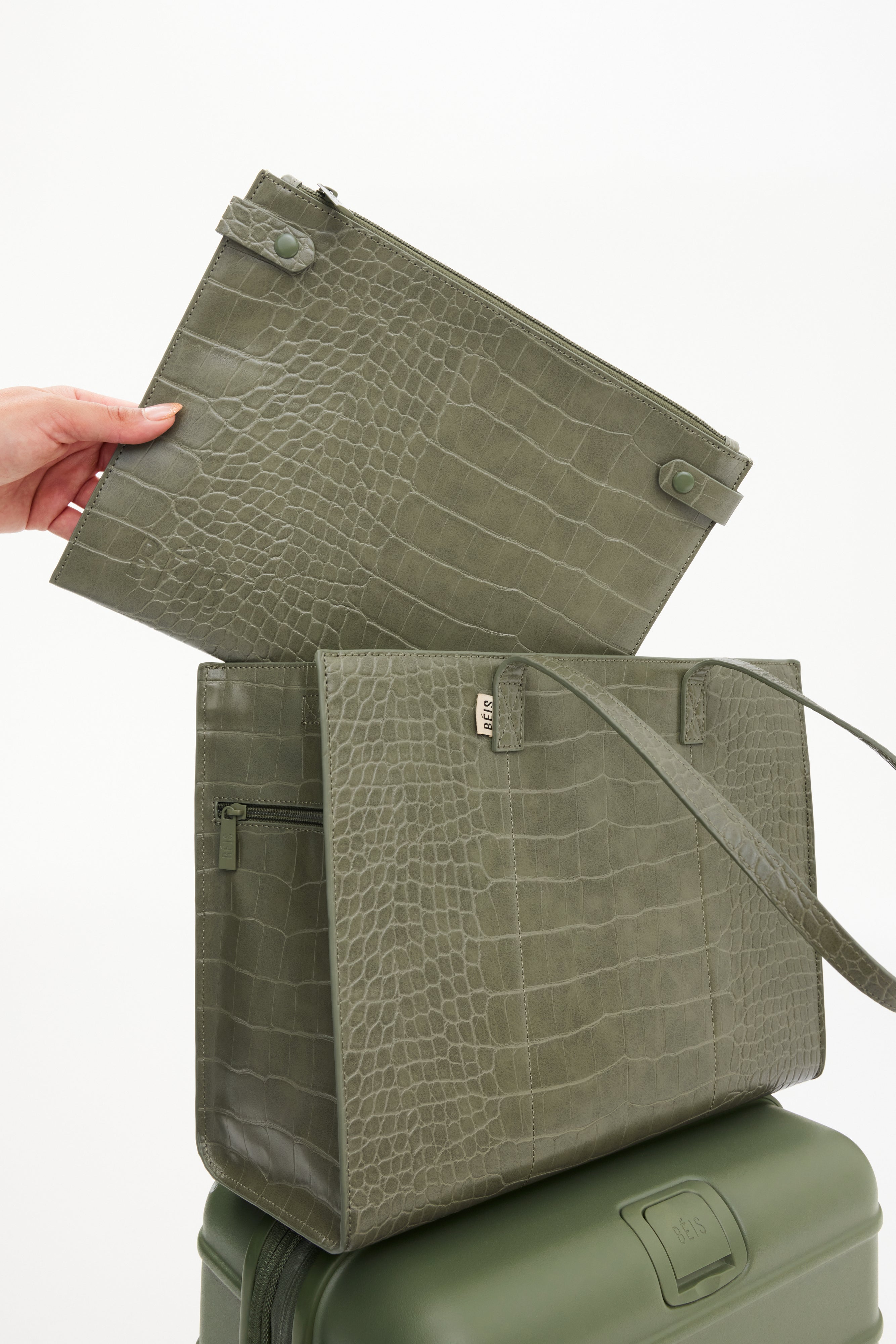 Premium Olive Croc Leather Work Tote Bag for Women - Stylish & Durable Professional Office Bag, Commuter Laptop Tote, Business Travel & Work Essentials Organizer