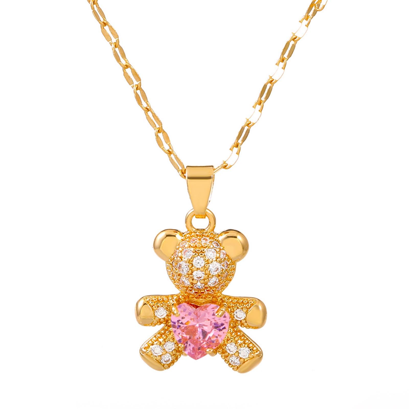 **Cubic Zirconia Bear Necklace with Red Heart - Cute Teddy Bear Pendant on Gold Thin Chain, Dainty Animal Jewelry for Women - Perfect Gift for Valentine's Day, Birthday & Everyday Wear**