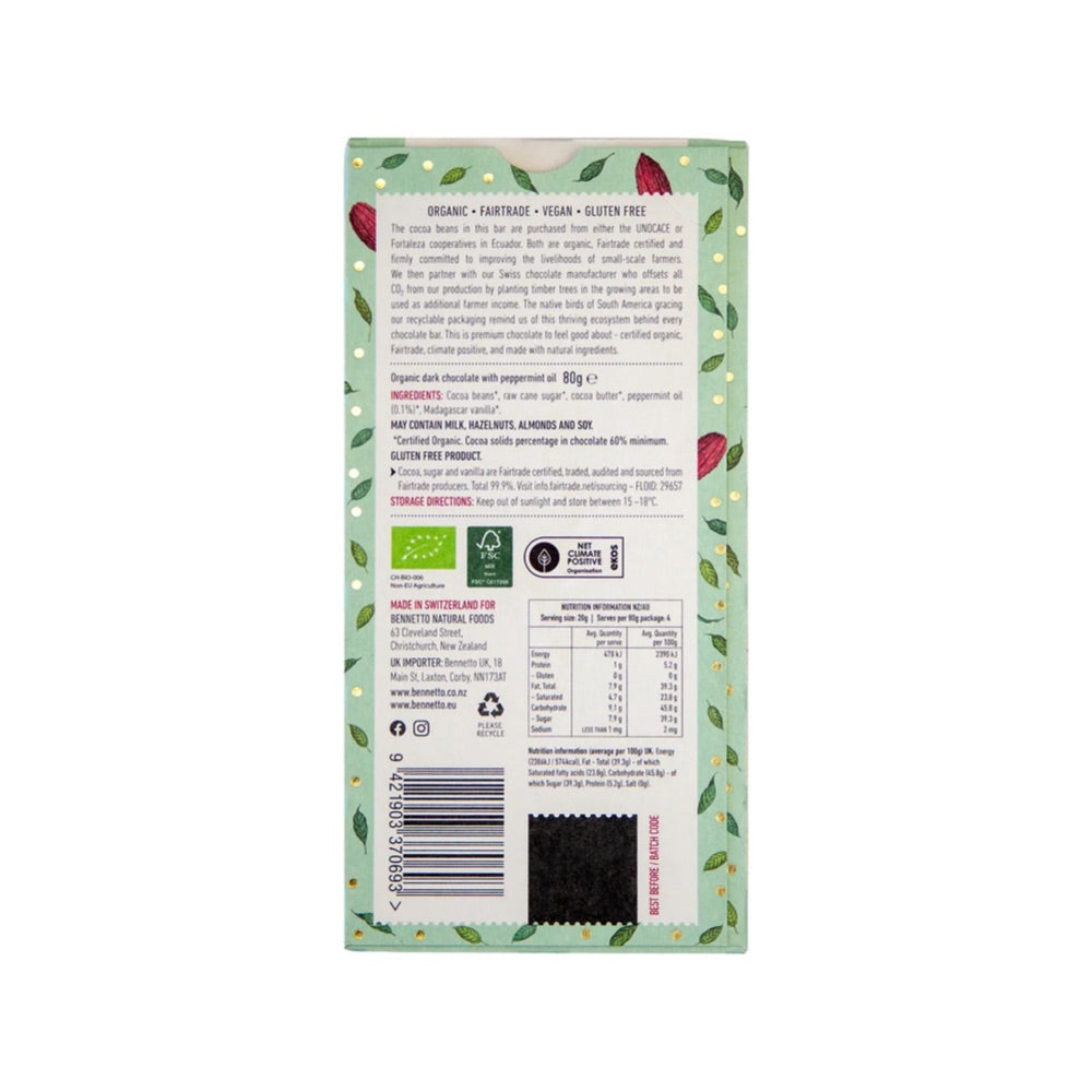 BENNETTO Organic Dark Chocolate with Mint Flavor - 80g Bar | Vegan, Gluten-Free, Non-GMO | Perfect for Gifts, Desserts & Healthy Snacking