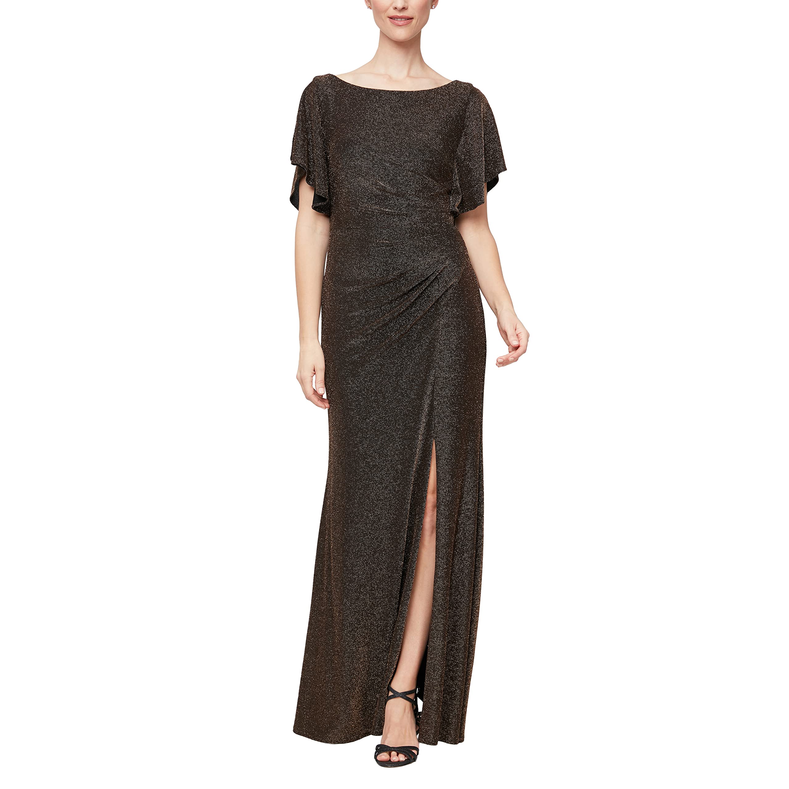Alex Evenings Women's Long Metallic Ruched Flutter Sleeve Gown with Side Slit - Elegant Mother of The Bride Dress & Formal Evening Gown for Weddings, Galas & Special Occasions