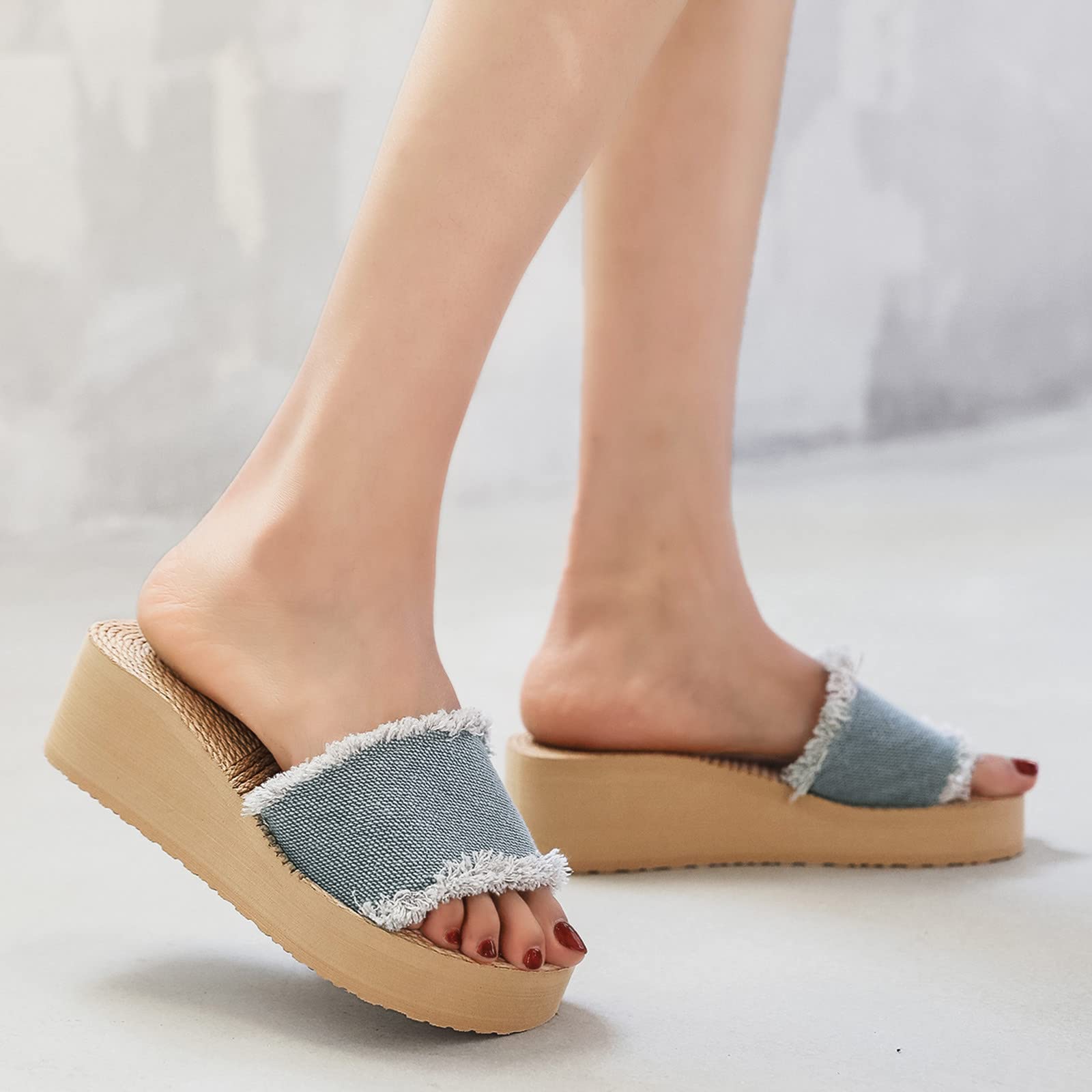 **Potton Women's Blue Denim Wedge Sandals - Slip-On Beach Linen Slide Shoes for Summer, Casual Outings & Vacation**