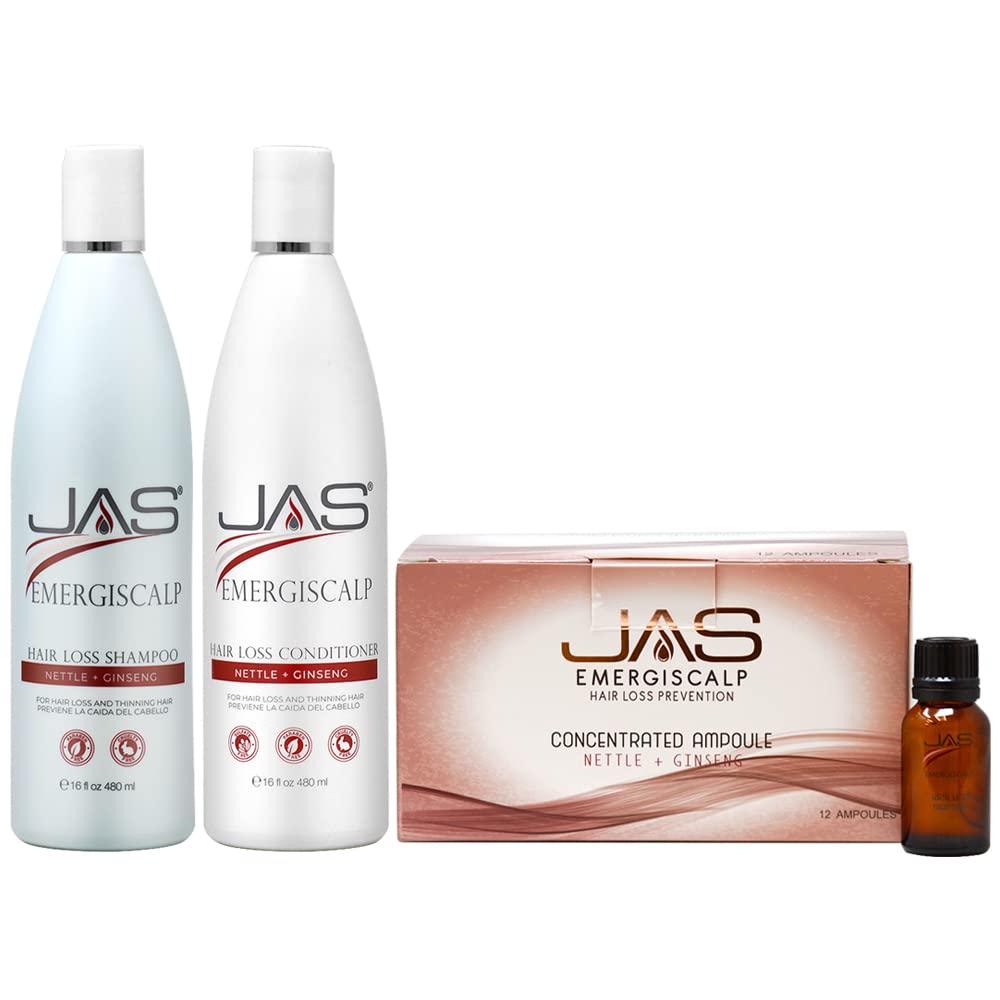 JAS Emergiscalp Hair Loss Prevention Shampoo & Conditioner Set (16oz Each) with 12x15ml Ampoules - Anti Hair Fall Treatment for Men & Women - Perfect for Thinning Hair & Scalp Care at Home