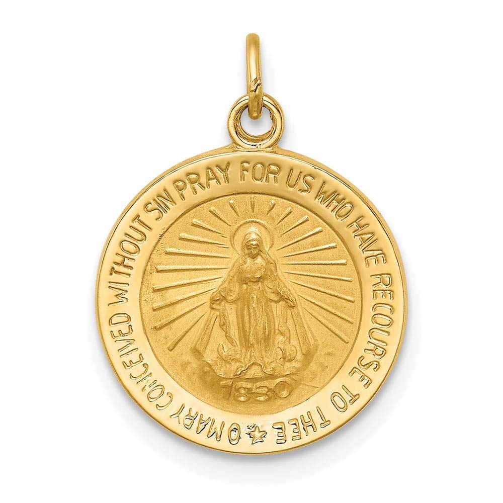 14K Solid Gold Polished Satin Round Miraculous Medal Pendant Necklace - Religious Jewelry Gift for Women, Girls, Teens - Perfect for Baptism, First Communion, Confirmation & Everyday Wear