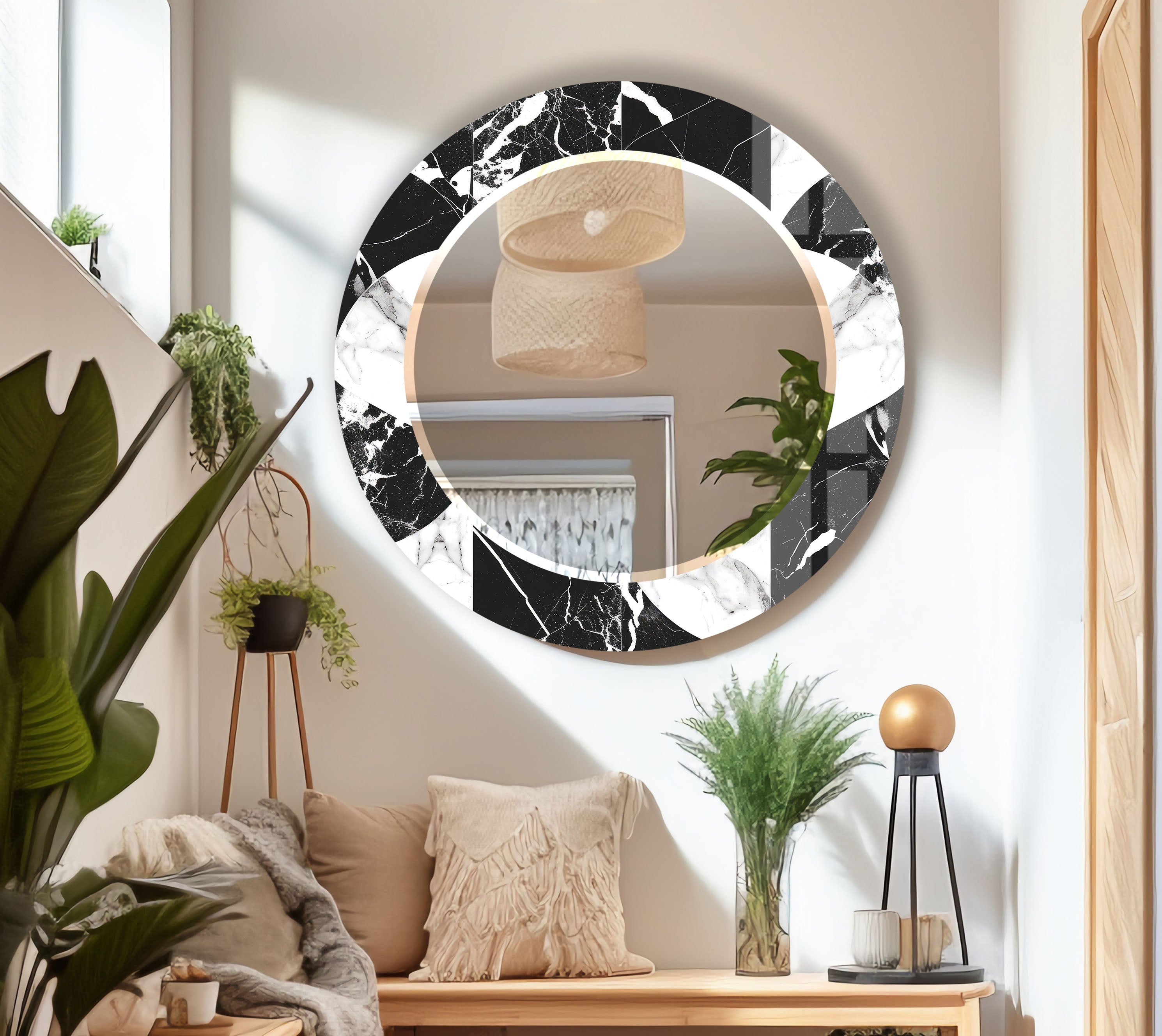 Black & White Marble Round Mirror - Modern Elegant Wall Decor for Living Room, Bedroom & Bathroom | Stylish Home Accent for Contemporary Interiors