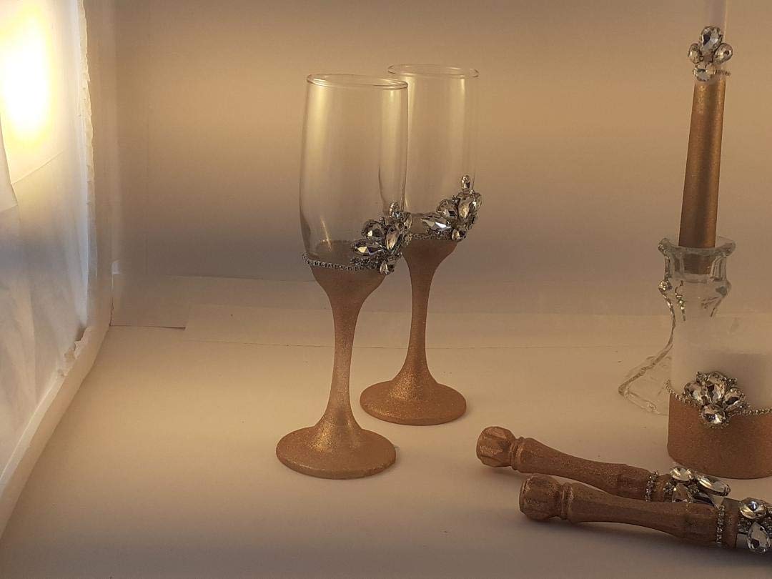 Elegant Rose Gold Champagne Glasses Set with Serving Tray & Decorative Candles - Perfect for Weddings, Anniversaries & Romantic Dinners