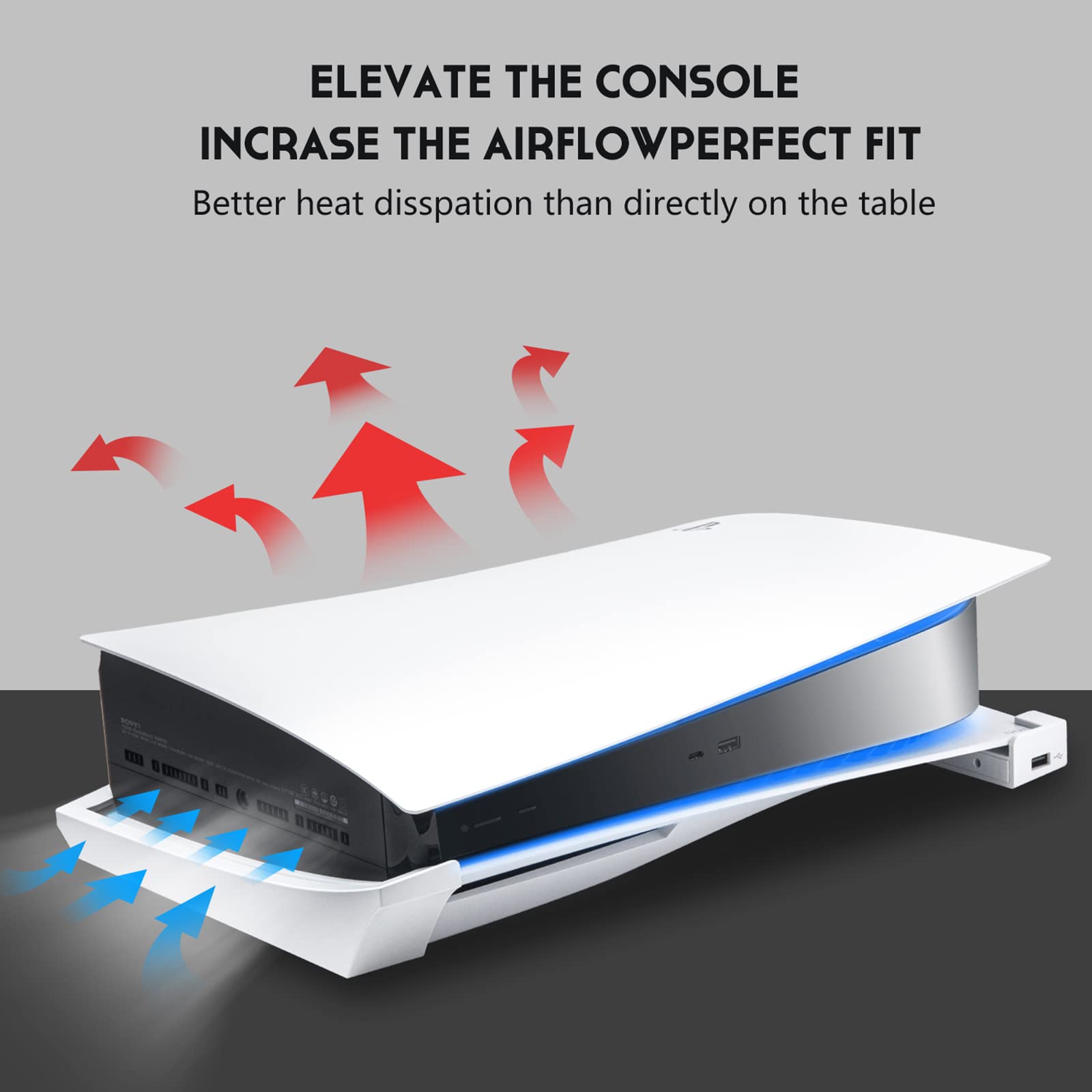 ECHZOVE PS5 Horizontal Stand with 4 USB Ports, Fast Charging & Data Transfer - Compatible with PlayStation 5 Disc & Digital Editions (Not for PS5 Slim/Pro) - Perfect for Gaming Setup & Console Organization